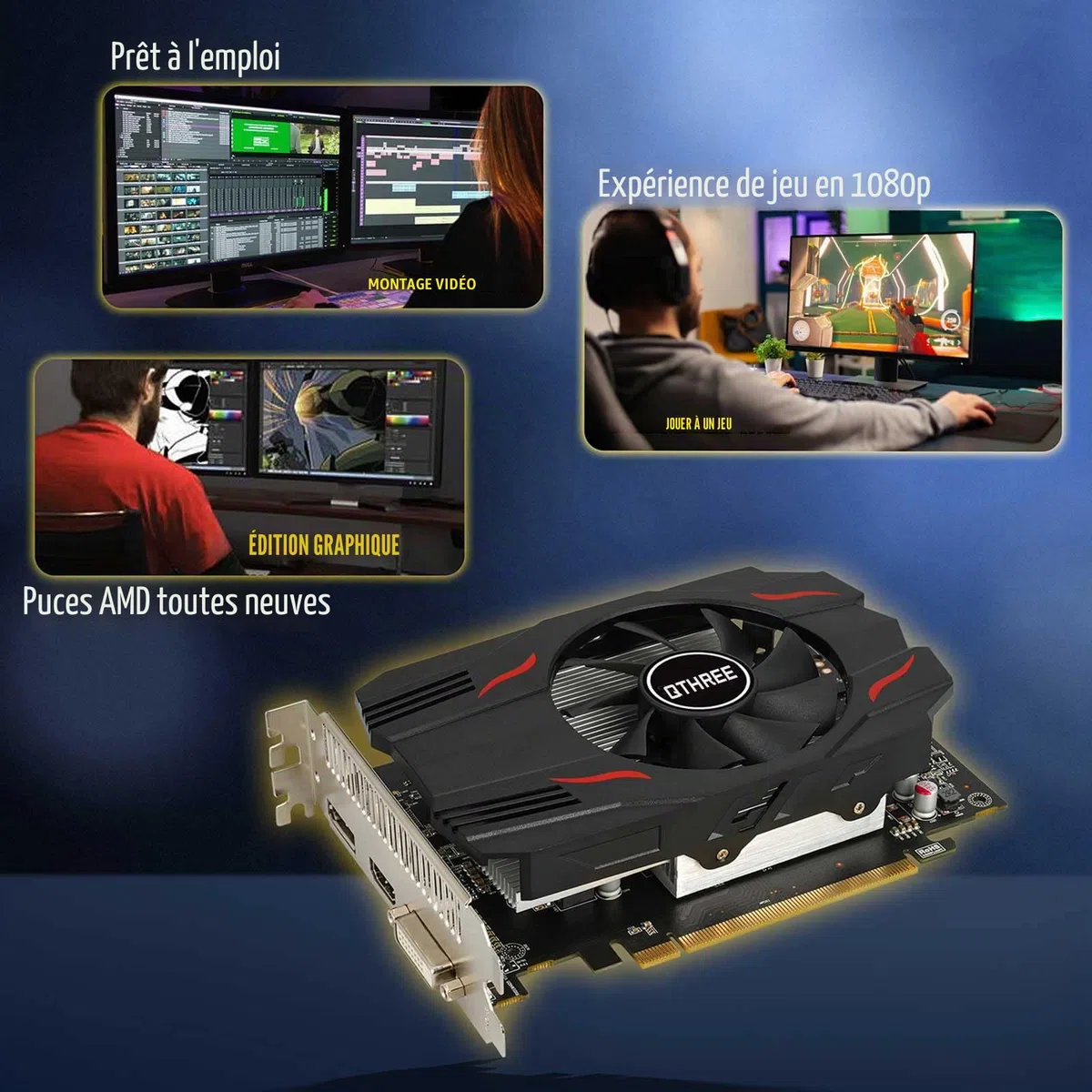 QTHREE Radeon RX 550 Carte Graphique, 4GB GDDR5 128-bit, DVI-D, HDMI, DisplayPort, PCI Express x8, Gaming Carte Video PC, DirectX 12, Computer GPU