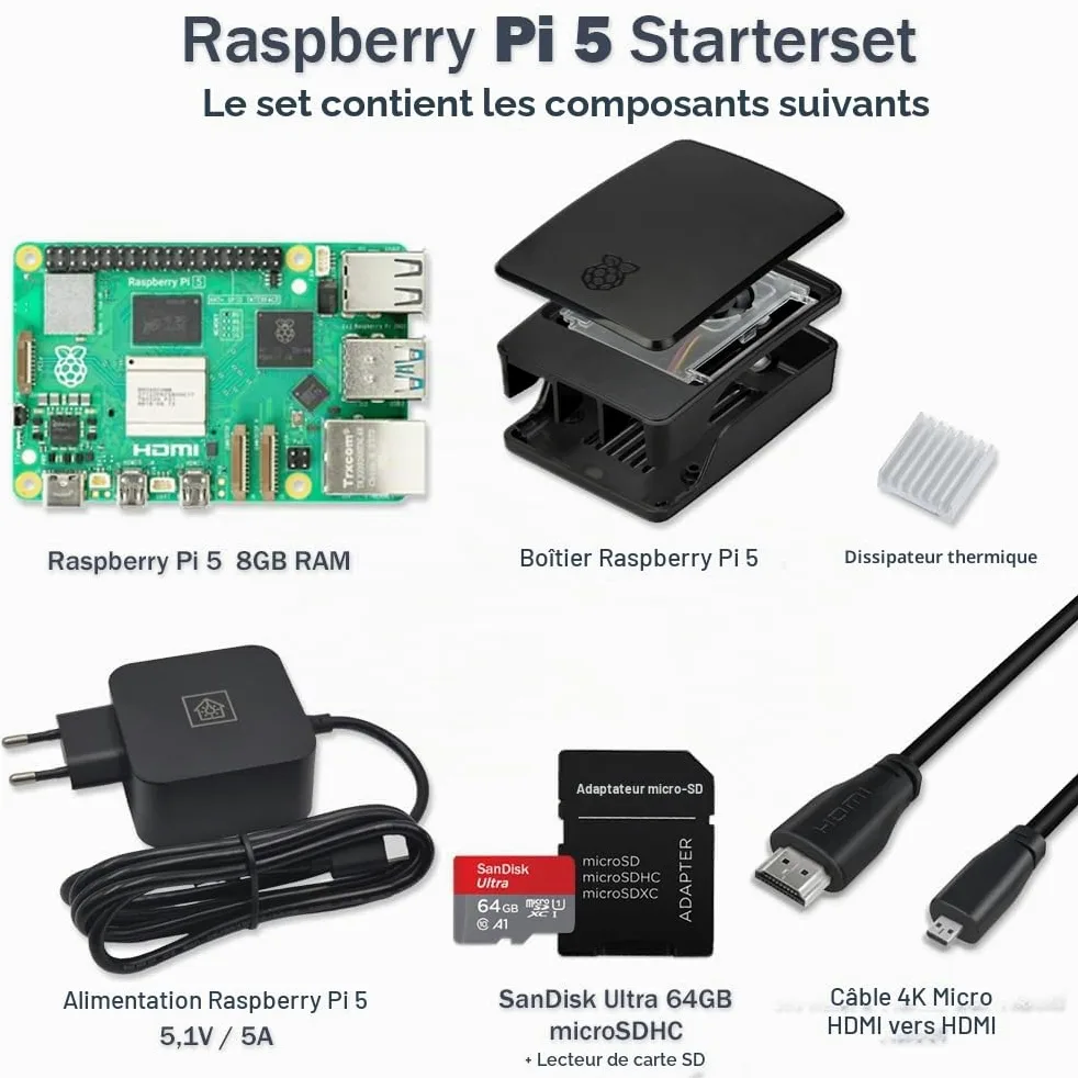Raspberry Pi 5 Kit de démarrage 8 Go noir | Bloc d'alimentation USB-C 45 W | Boîtier avec ventilateur | Carte SD Ultra 64 Go | Câble Micro HDMI 4K | Dissipateur thermique | Raspberry Pi 5 8 Go de RAM