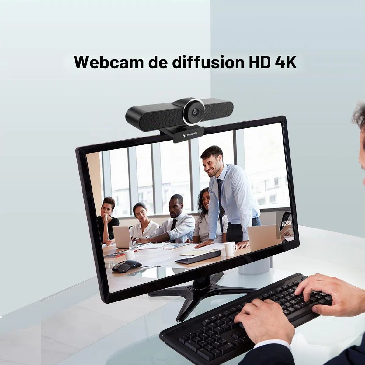 TONGVEO Webcam 4K pour conférence - Caméra avec mic et haut-parleur - Grande angle AI Auto Framing - Zoom compatible