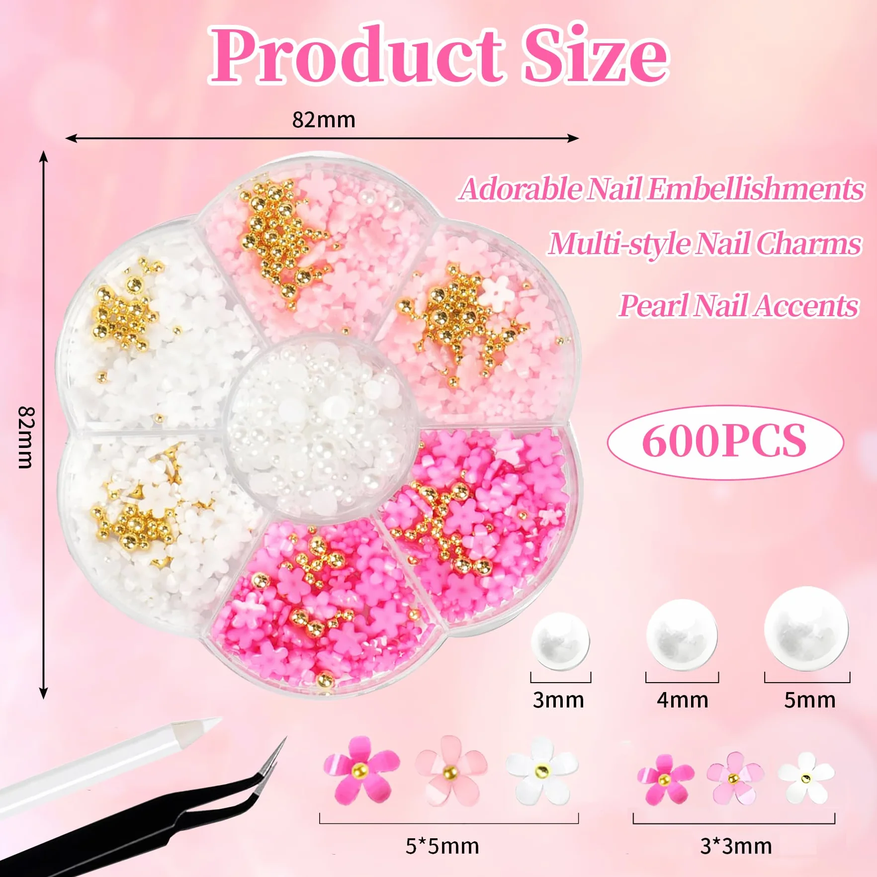 Breloques Ongles Nail Art Arc 3D Nœud Papillon Fleur Rose Rouge