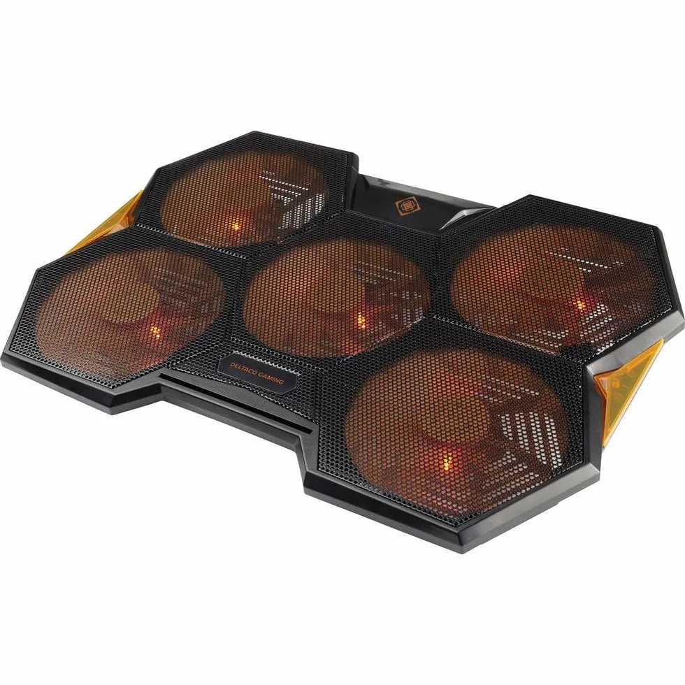 DELTACO GAMING Refroidisseur PC Portable 17.3 Pouces LED Orange 5 Ventilateurs 140mm Vitesse Réglable 1000-1300 RPM 15-25dB USB-A