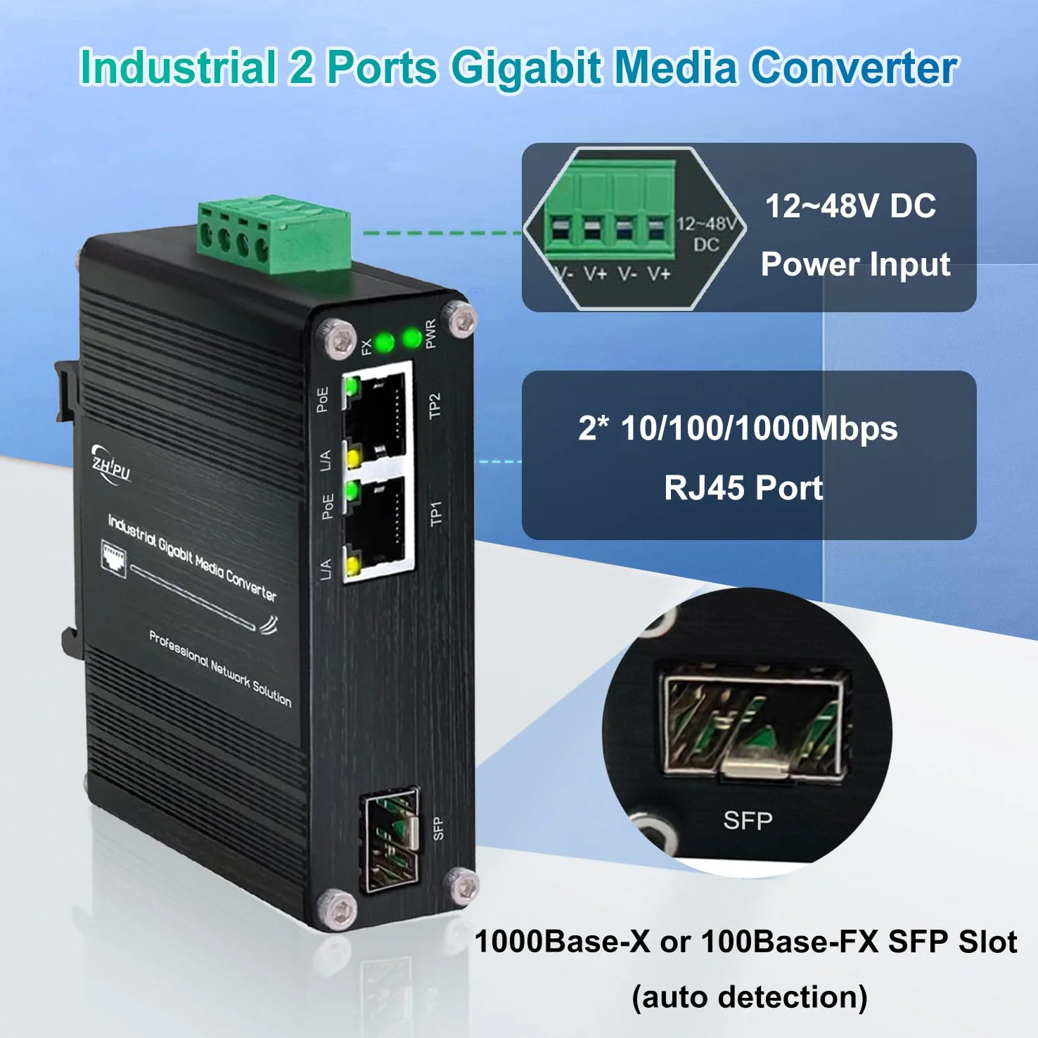 Mini convertisseur de média à fibre Gigabit industriel à 2 ports prenant en charge l'installation sur rail DIN, commutateur à fibre IEEE 802.3af/at 30 W PoE+ avec 2 ports RJ45 et 1 port SFP, entrée