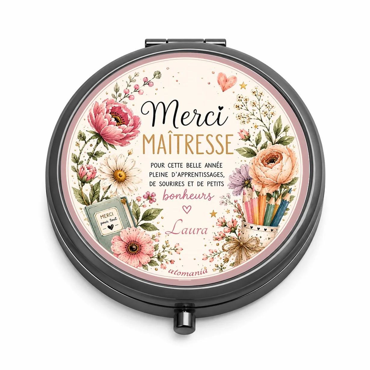 Miroir de Poche Personnalisé Merci Maîtresse – Cadeau Fin d'Année Scolaire – Miroir Compact