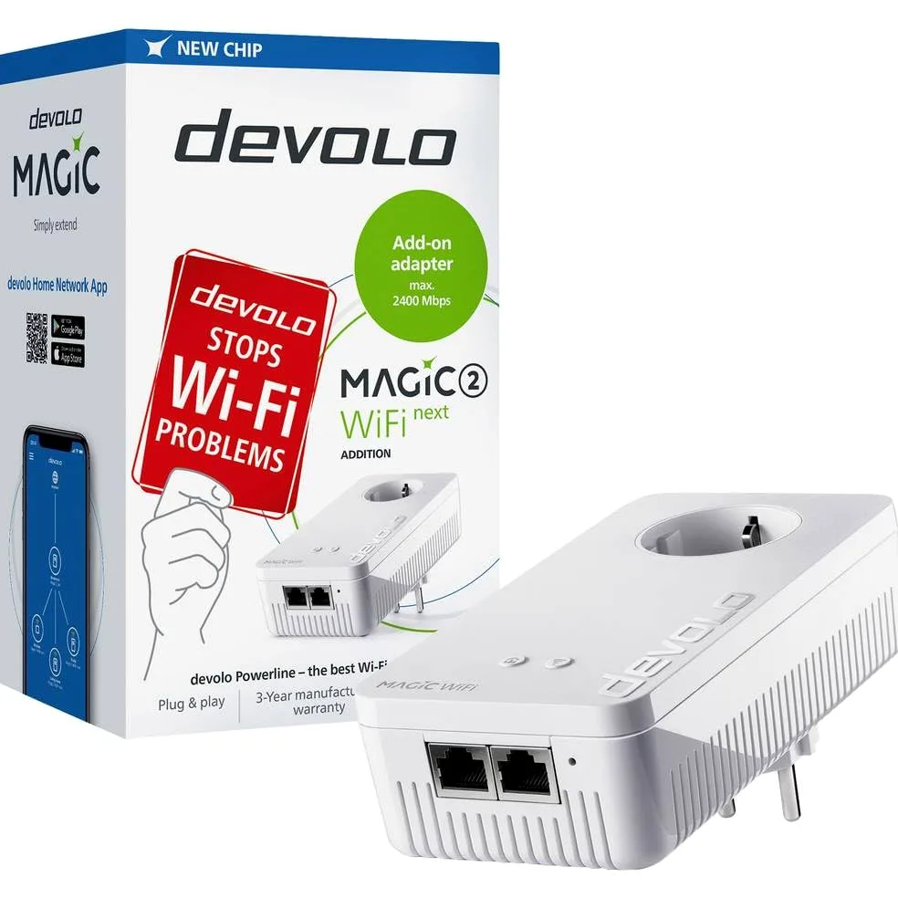 devolo Magic 2-2400 WiFi AC Next Single Adapter : Adaptateur Amplification Rapide avec Meilleure Fonction WiFi AC Maille, adapté pour Streaming (2400 Mbit/s, 2 x Ports Go LAN, G.hn, AP Steering)