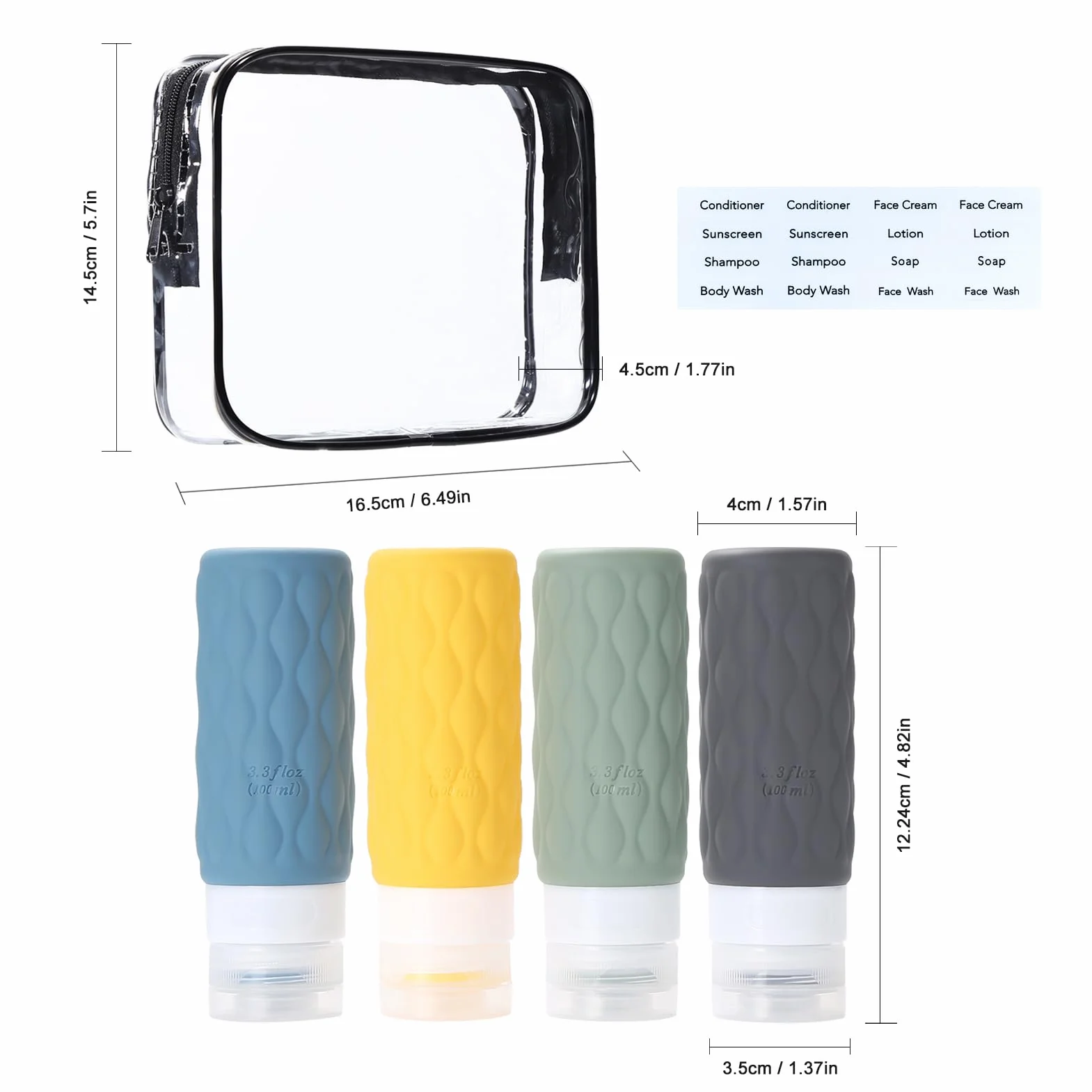 Flacon voyage silicone 100ml kit toilette réutilisable sans BPA approuvé TSA
