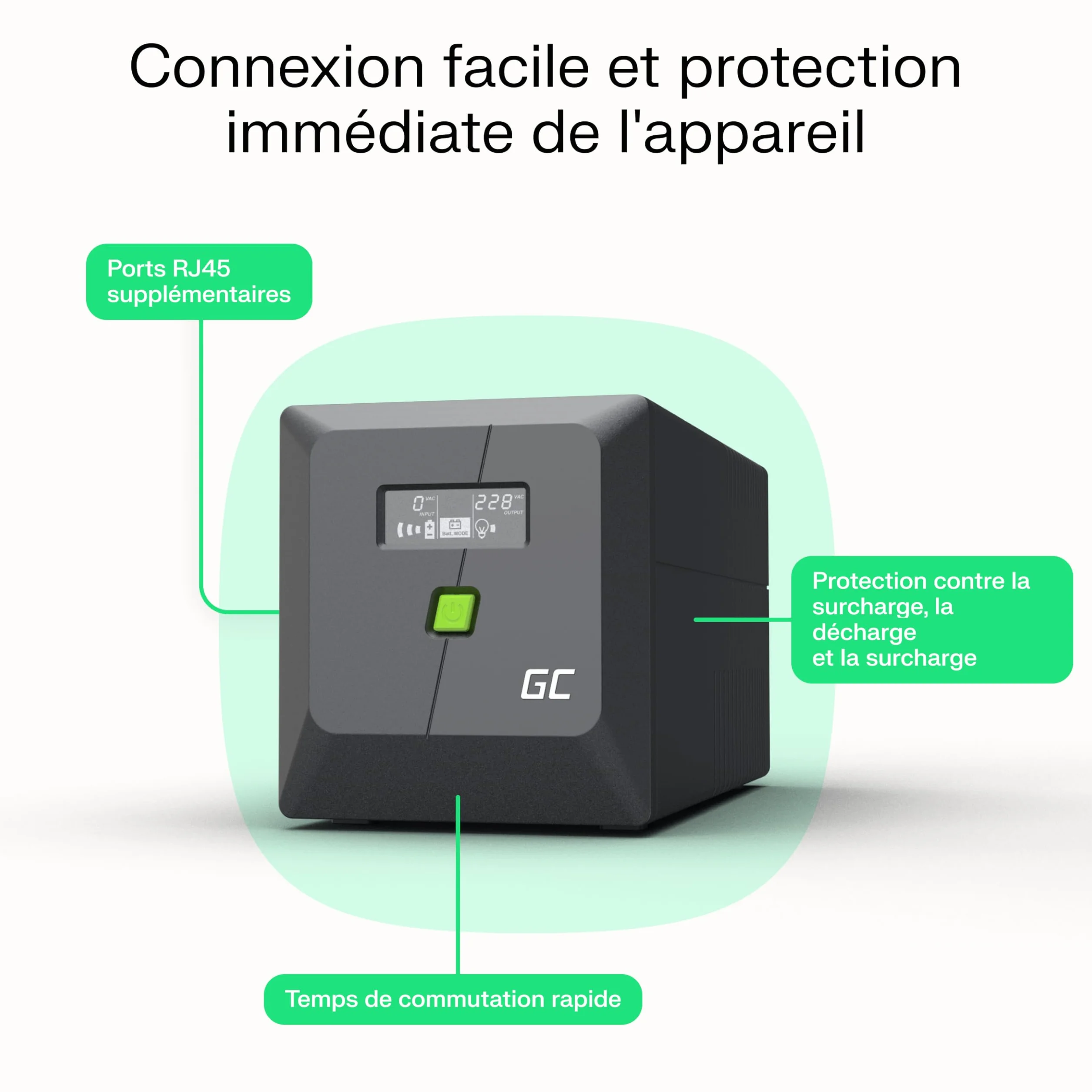 Greencell UPS 2000 VA 1200 W PowerProof avec Écran LCD – Onde Sinusoïdale Modifiée, Protection de Courant pour Appareils