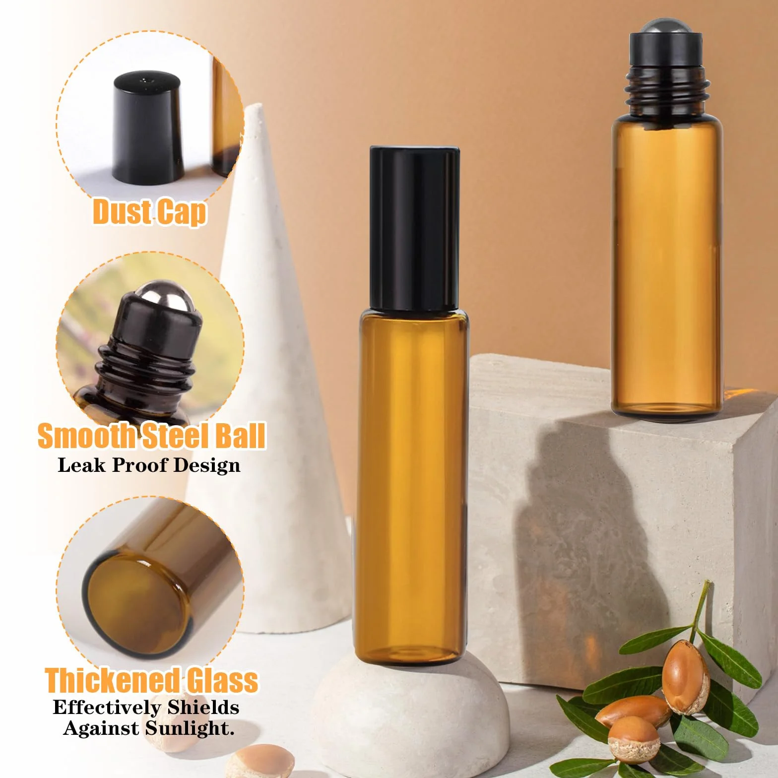 Flacon Roll on Vide en Verre 10ml, Bille Acier Inoxydable, Huile Essentielle, Réutilisable, Bouteille Parfum Aromathérapie