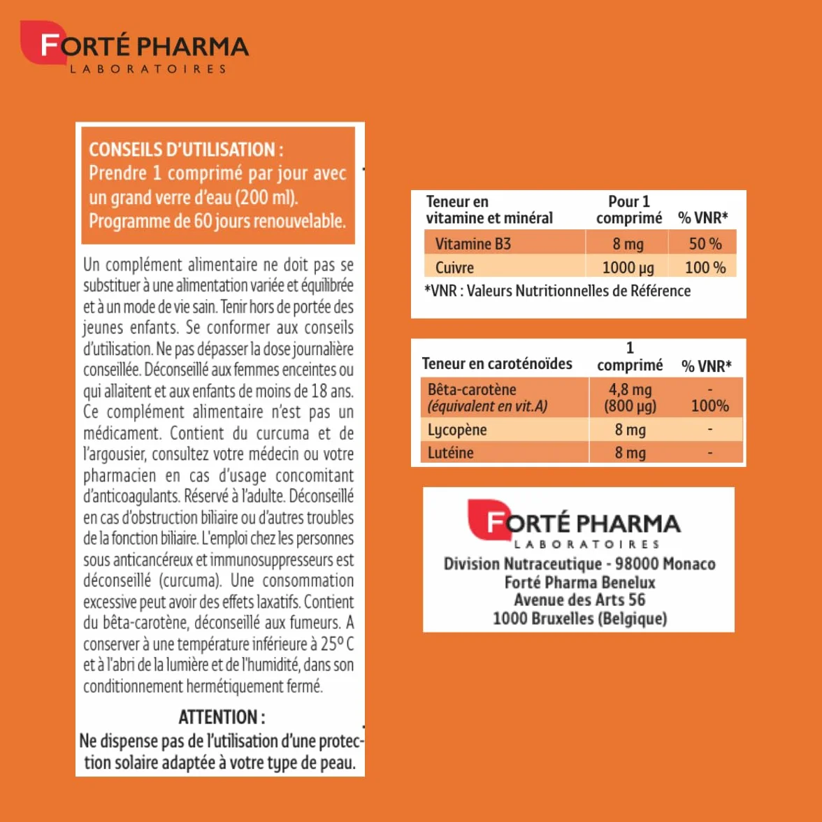 Forté Pharma Expert Autobronz Complement alimentaire bronzage Hâle naturel Autobronzant sans soleil Cuivre Carotte Mangue Abricot Curcuma Vitamine B3 60 jours