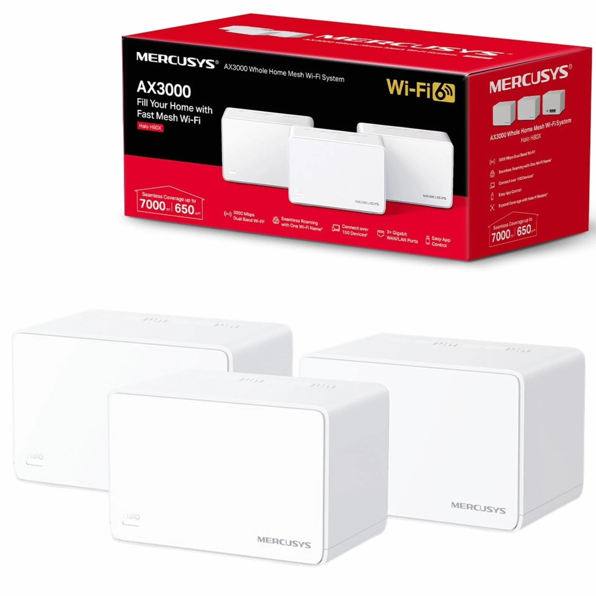 MERCUSYS Halo H80X AX3000 Mbps Mesh WiFi 6 System, ports Gigabit, système maillé WiFi TP-Link, routeur WiFi, amplificateur d'extension WiFi, 650 m², itinérance continue, formation de faisceaux