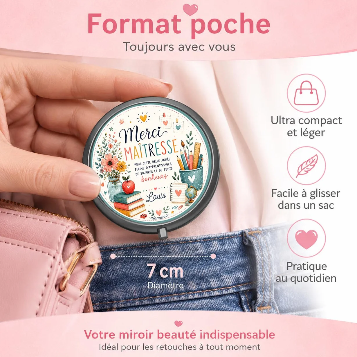 Miroir de Poche Personnalisé Prénom – Cadeau Maîtresse Fin d'Année Scolaire – Miroir Compact Femme