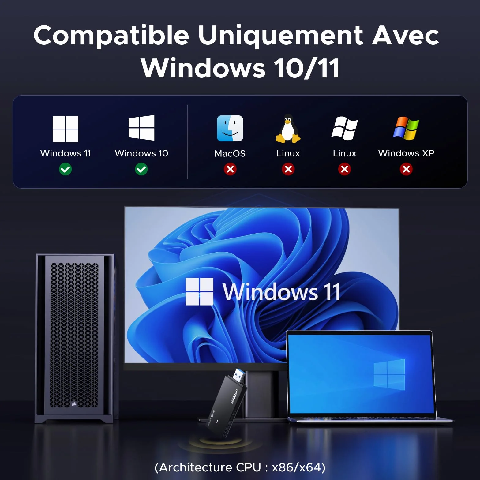 UGREEN Adaptateur USB WiFi 6 AX1800 Double Bande 5GHz 2.4GHz WPA3 pour PC Laptop Windows 11 10