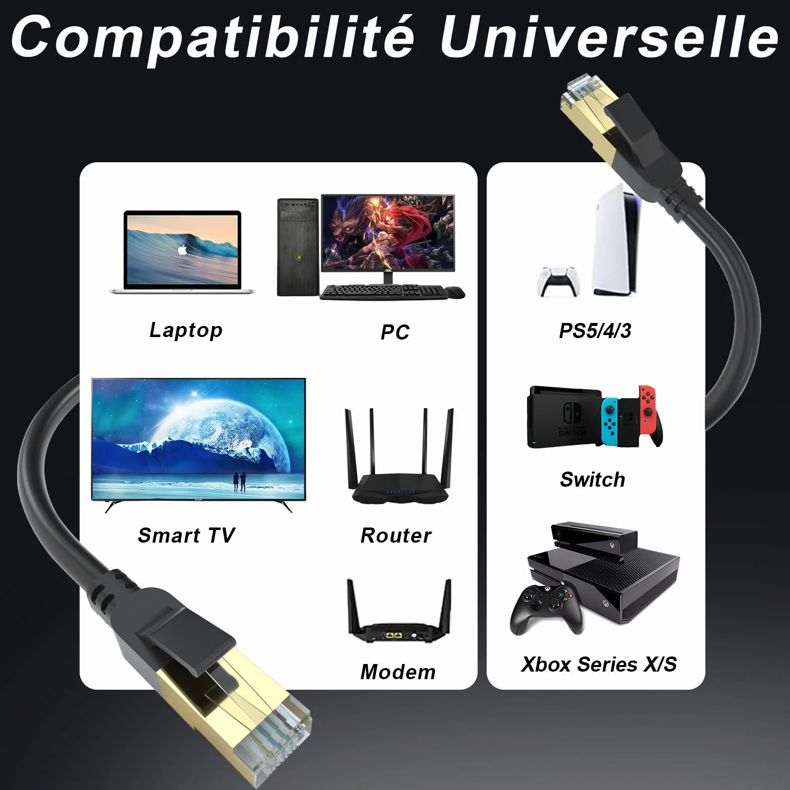 Câble Ethernet 50m Cat 8, 40 Gbit/s, 2000 MHz, RJ45 Plaqué Or, Extérieur Imperméable