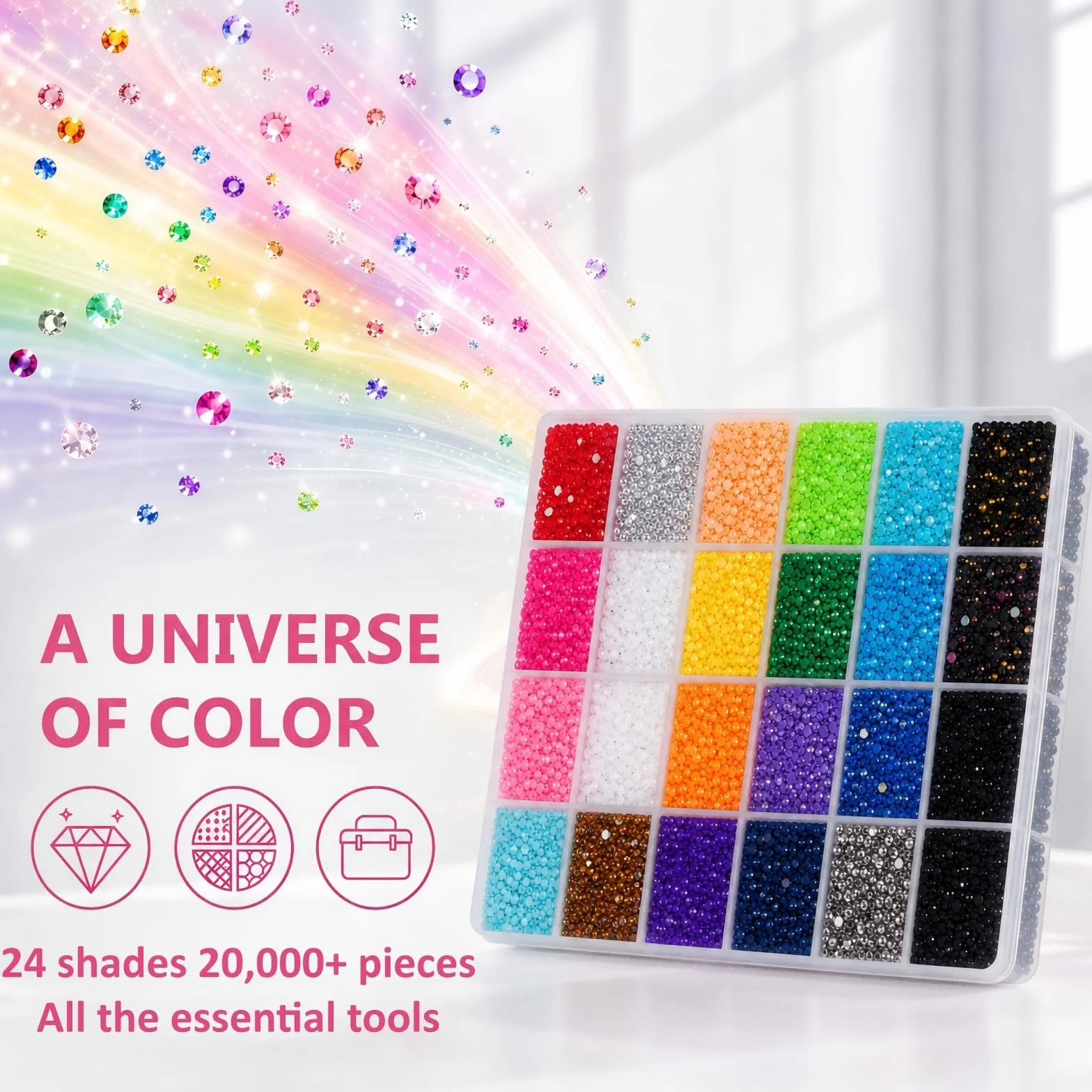 24 Couleurs 3mm Strass Ongle Nail Art, 20000+ Pcs Bedazzling Kit avec Pince à Épiler, Stylo à Pointiller, Rhinestone pour DIY