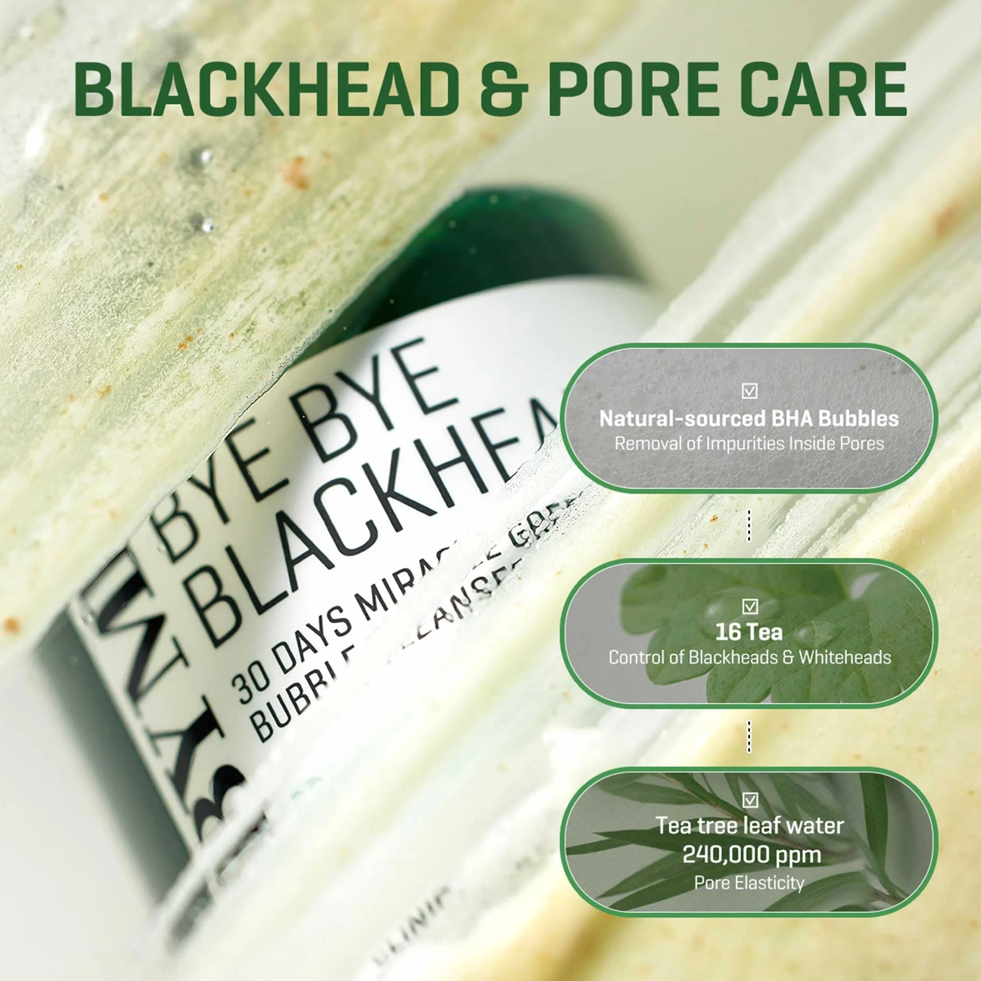 SOME BY MI Bye Bye Blackhead 30 Days Miracle Green Tea Bubble Cleanser 120g Nettoyant visage moussant au thé vert Réduit points noirs affine pores