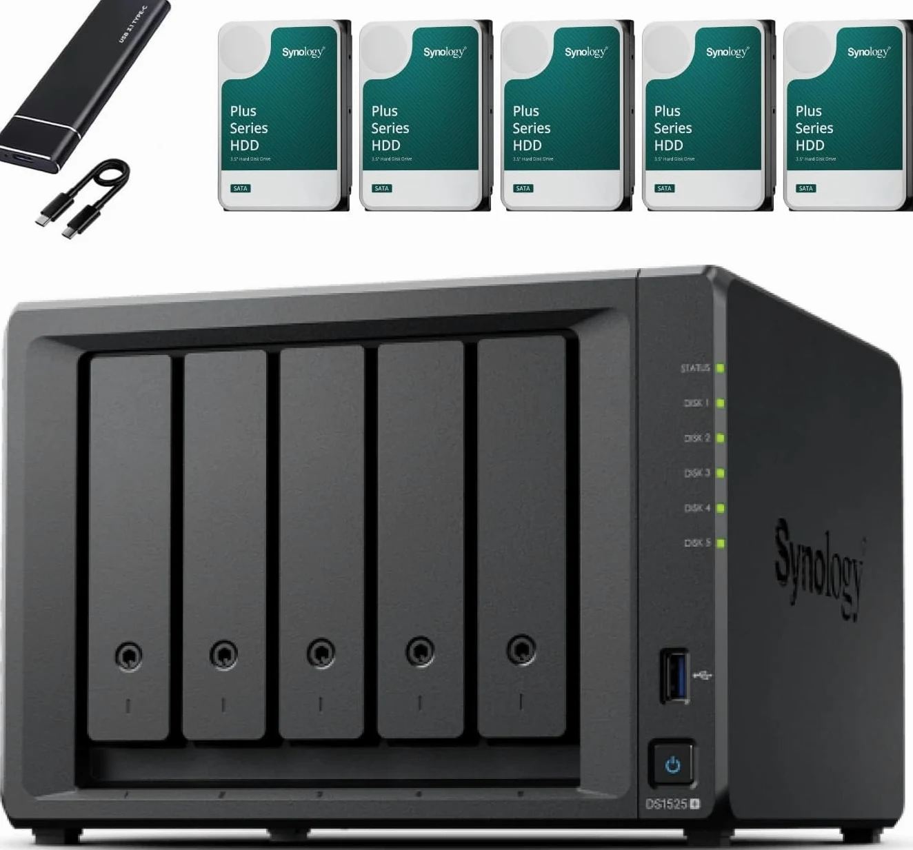 Synology DS1525+ Kit serveur NAS 5 baies (8 Go de RAM, 10 To de stockage) – 5 disques durs NAS de 2 To, périphérique de stockage réseau de bureau haute performance – Avec SSD externe