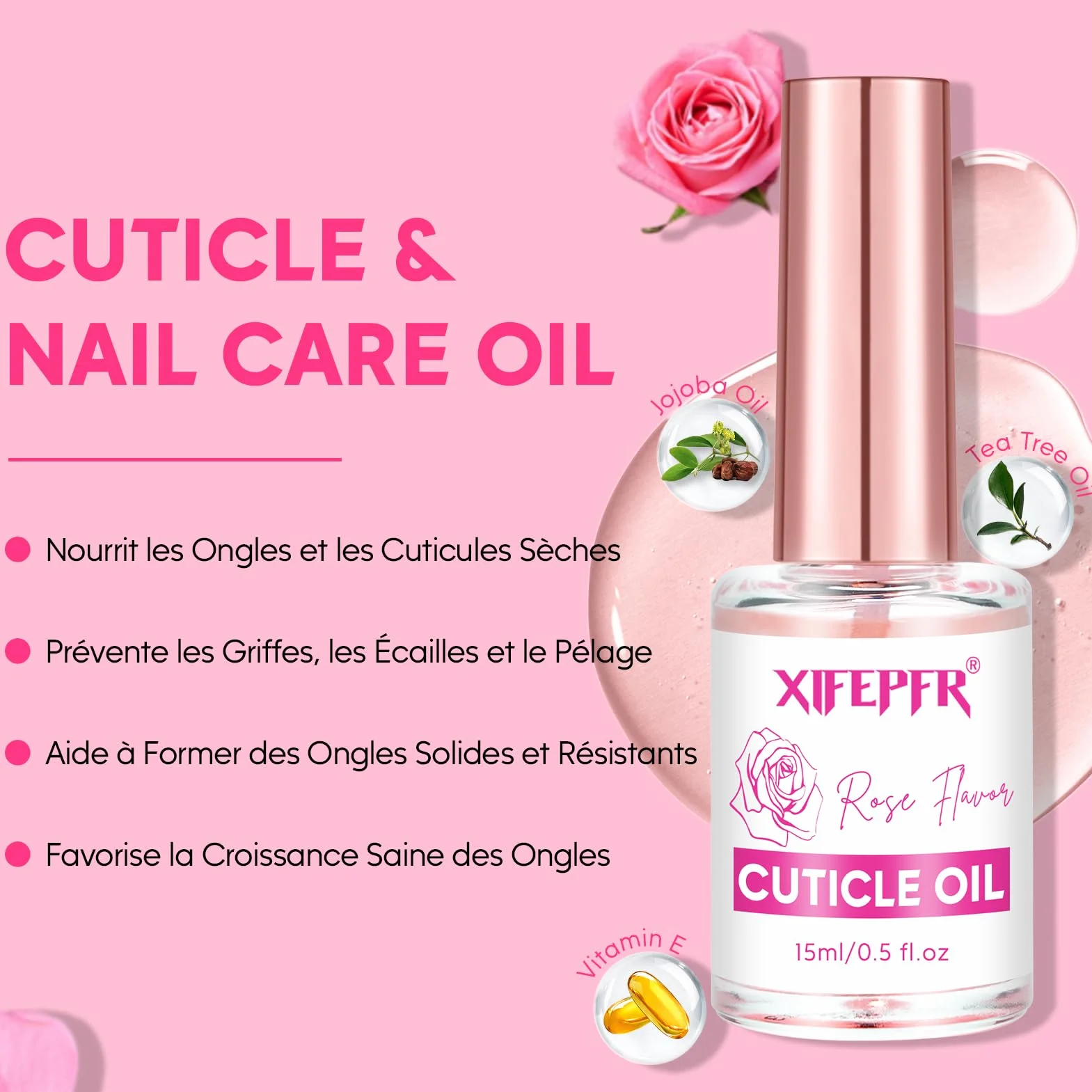 Kit élimination cuticules rose - Crème, huile, coupe-ongles, pousse-cuti et pince