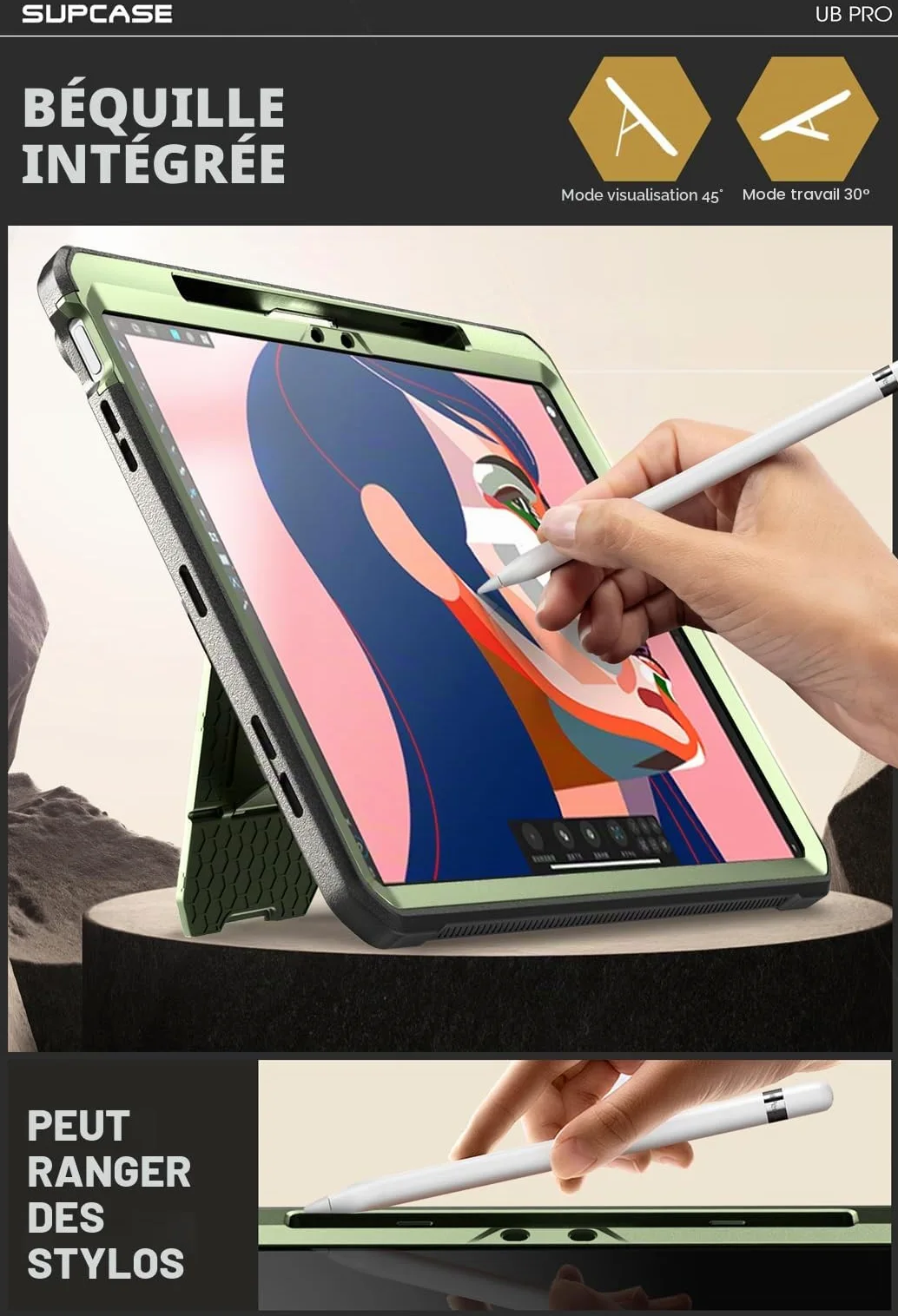 SUPCASE Coque pour iPad Air 13 Pouces (2025/2024) avec Fente Stylet [Support Pliable & Protecteur d'écran Intégré] Protection Robuste Qualité Militaire Intégrale pour iPad Air 13" M3/M2, Vert