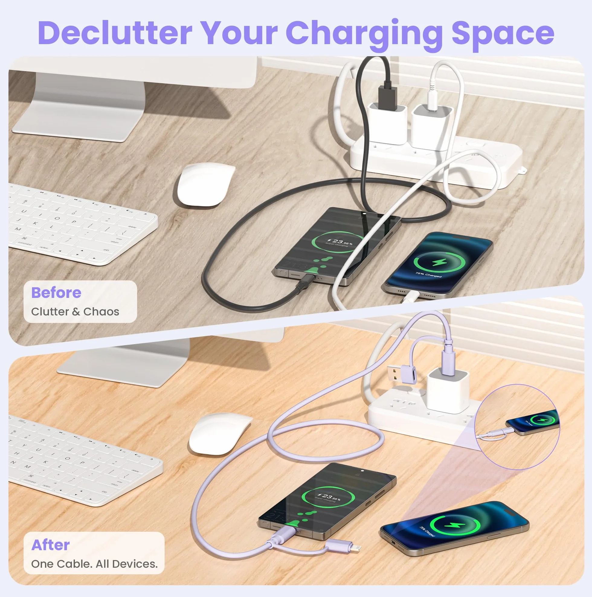 Elebase Câble de Charge USB C pour iPhone 17, Câble 4-en-1 Multiple 2M avec Adaptateurs USB A et Lightning, Cordon de Charge 60W USB-C