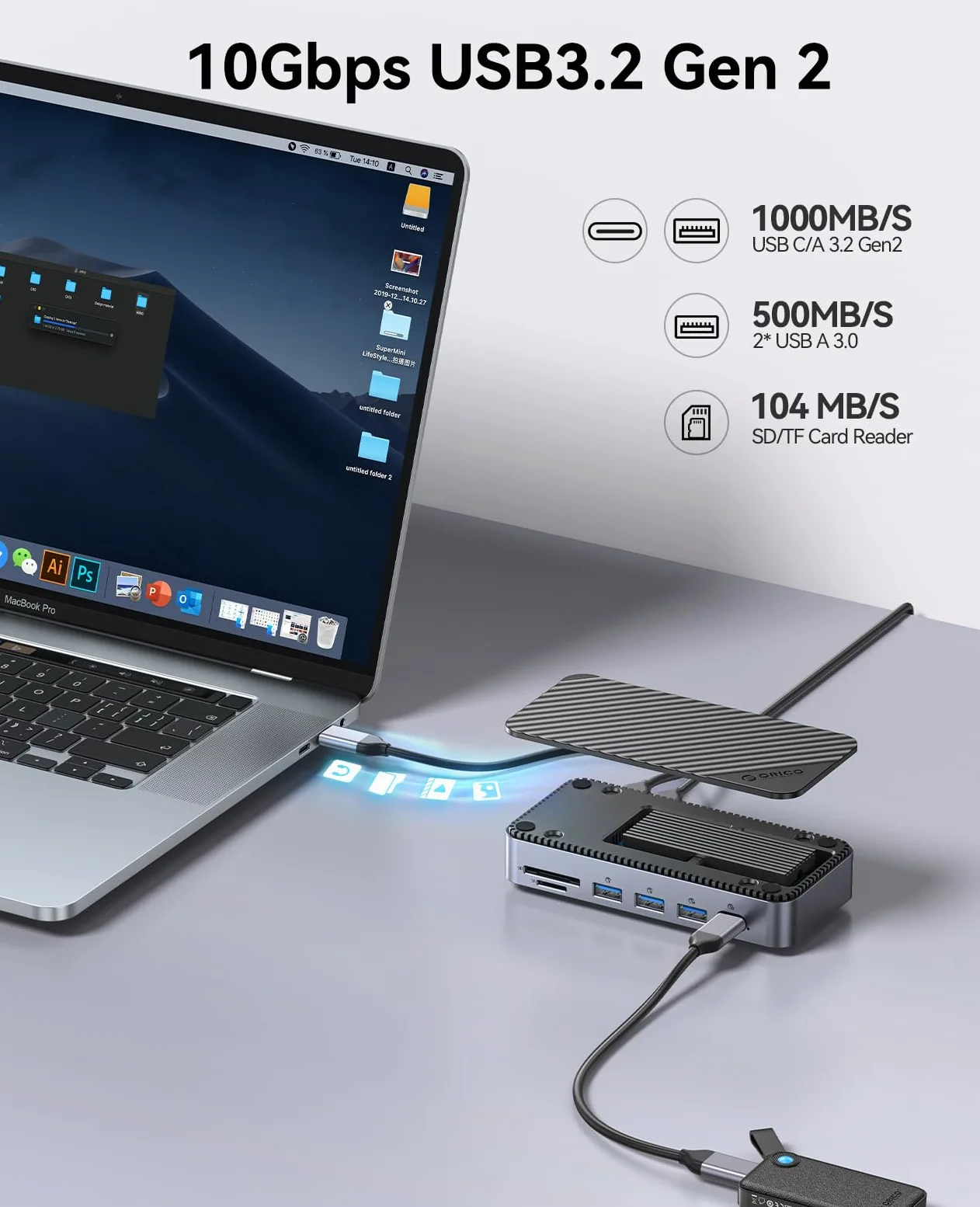 ORICO Hub USB C 12 en 1 avec boîtier M.2 SSD, Station d'accueil USB-C sans Outil avec Ventilateur, Docking Station HDMI,DP,RJ45,100 W PD, SD/TF, Audio/Mic, USB A&C 10 Gbps USB A&C 2 x 5 Gbps USB A