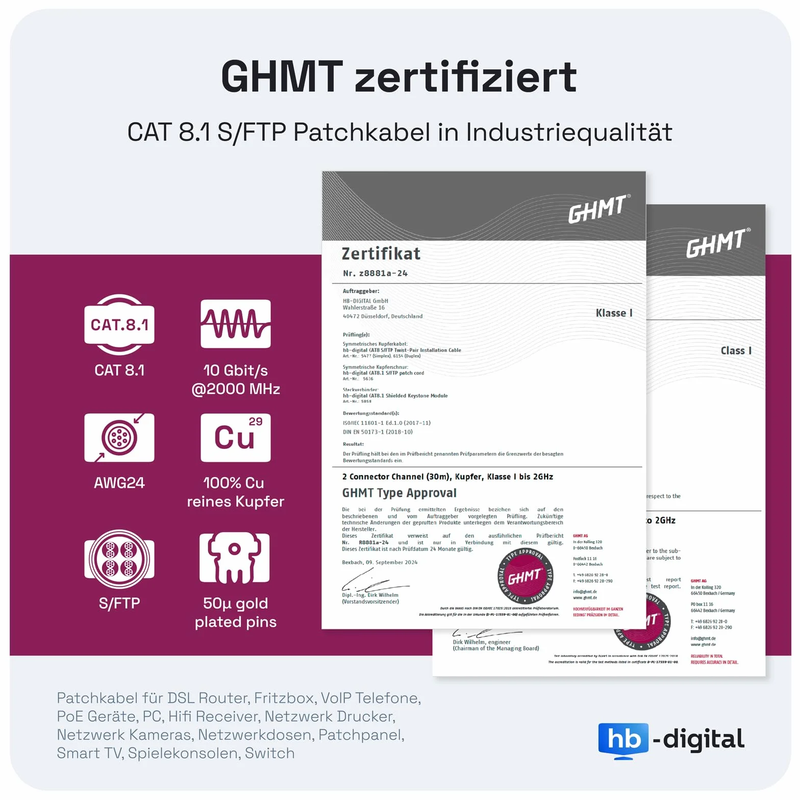 HB-DIGITAL 20m Câble RJ45 CAT 8 Cordon de brassage - Certifié GHMT - Cable Réseau Blindé AWG 24 S/FTP LSZH 40Gbps 2000MHz cuivre pur avec connecteurs dorés pour Switch PC TV Console de Jeux - Bleu