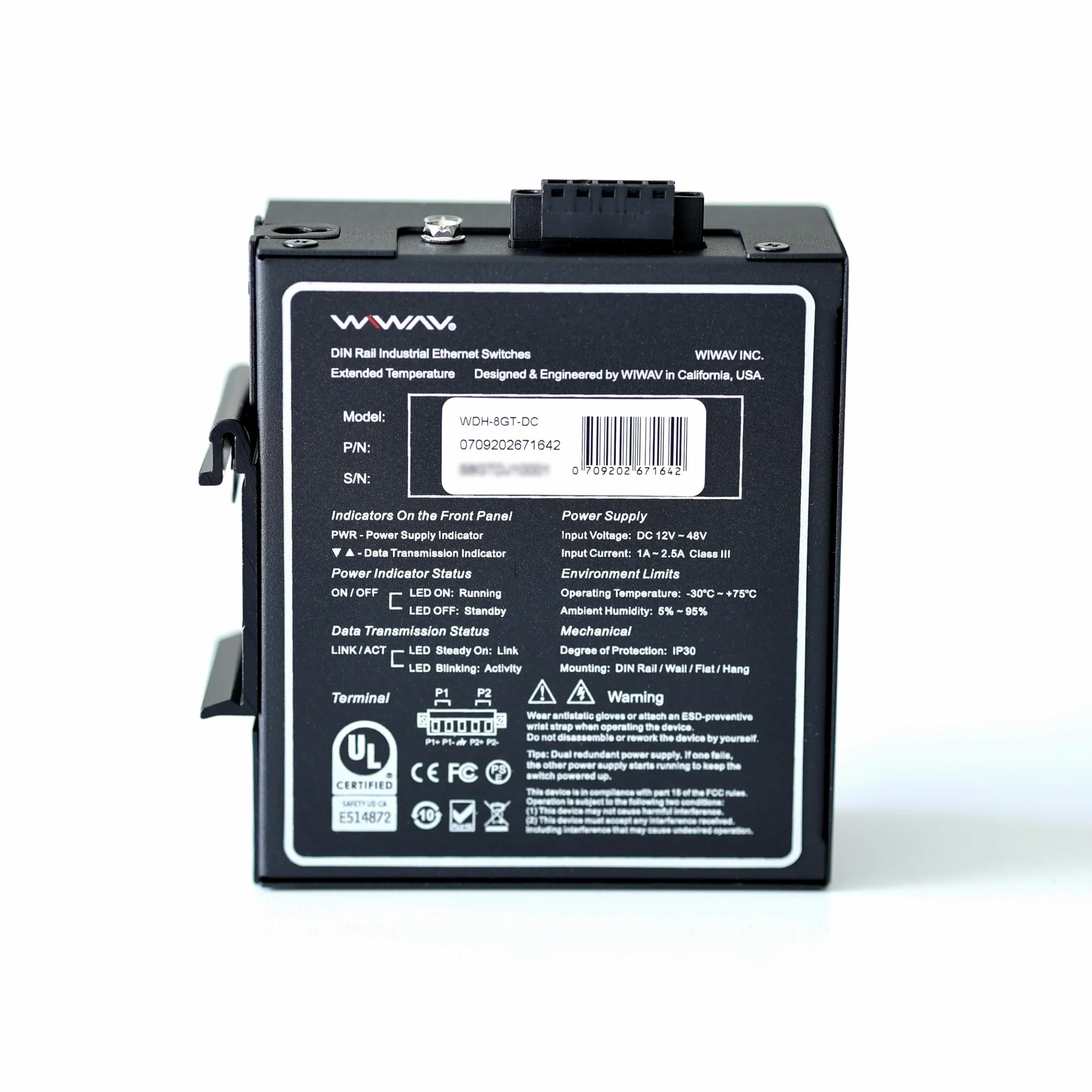 WDH-8GT-DC Commutateurs Ethernet industriels Gigabit 8 Ports Non gérés 10/100/1000 Mbps avec Rail DIN / Montage Mural (Authentification UL, sans Ventilateur, -30°C ~ 75°C)