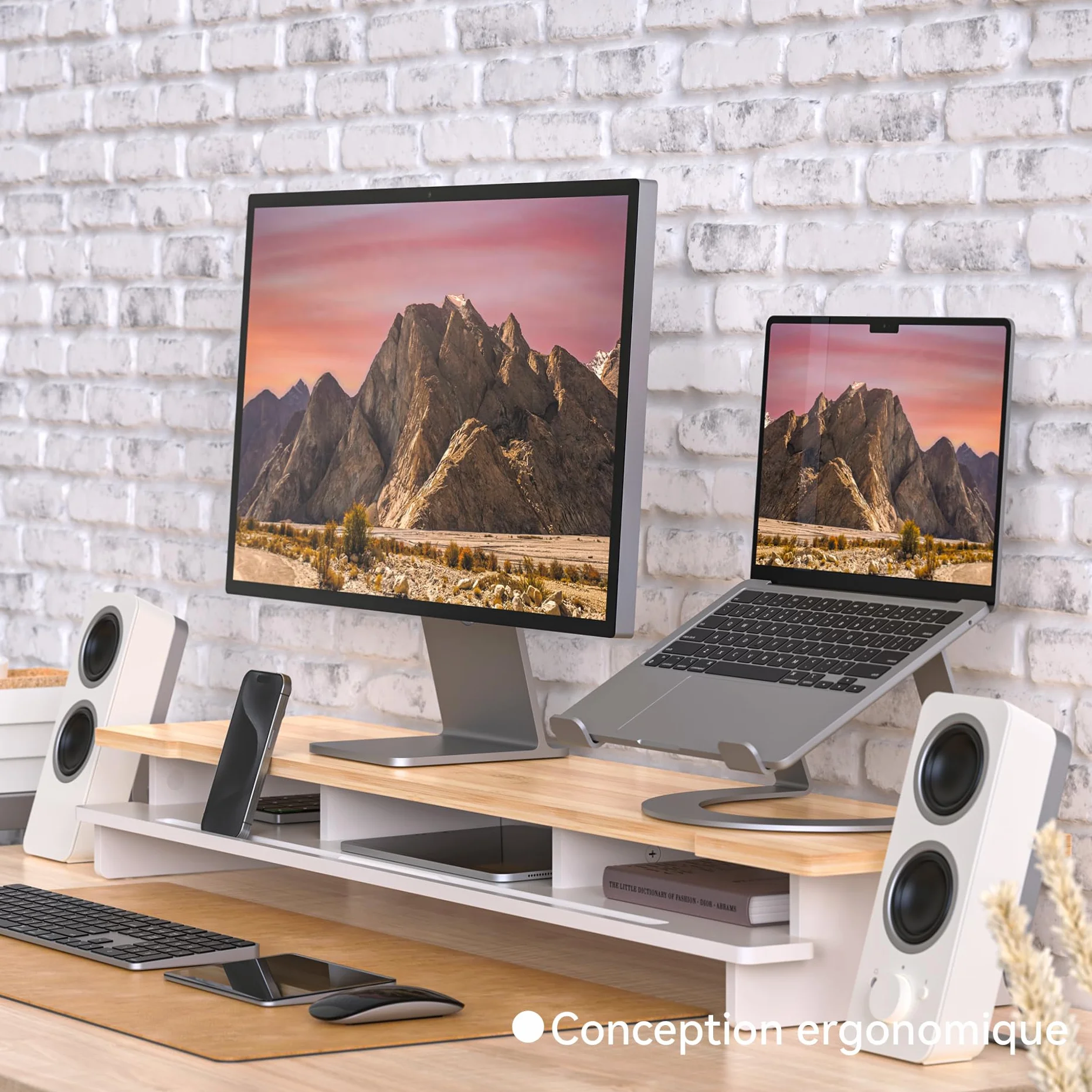 WELL WENG Support double pour moniteur de bureau, étagère en bois avec organiseur de rangement et support pour smartphone et tablette 108 cm blanc bambou naturel