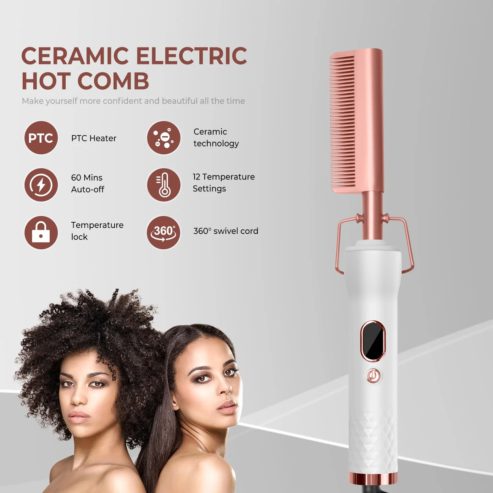 Peigne Chauffant Hot Comb Afro Brosse Chauffante Peigne Electrique 3 en 1 Homme Écran LCD 120-230℃ Lissant Cheveux Court Longs