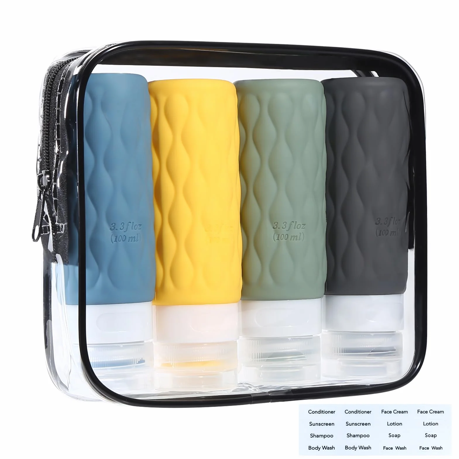 Flacon voyage silicone 100ml kit toilette réutilisable sans BPA approuvé TSA
