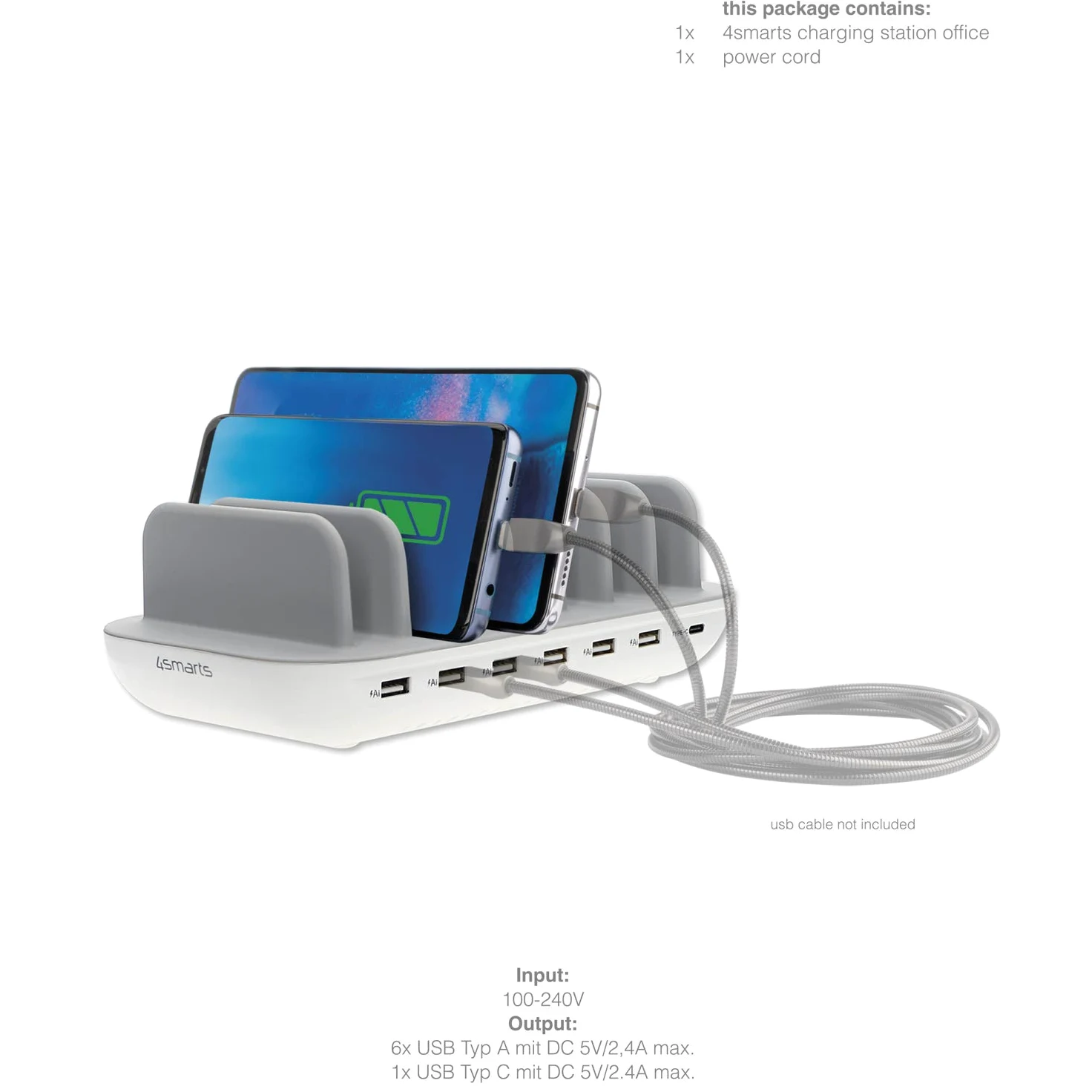 4smarts Office Station de Charge 60W avec 7 Ports USB [6X A & C 2.4A] Chargeur Rapide pour Multiples Appareils Compatible avec iPhone, Samsung, Huawei, iPad - Blanc