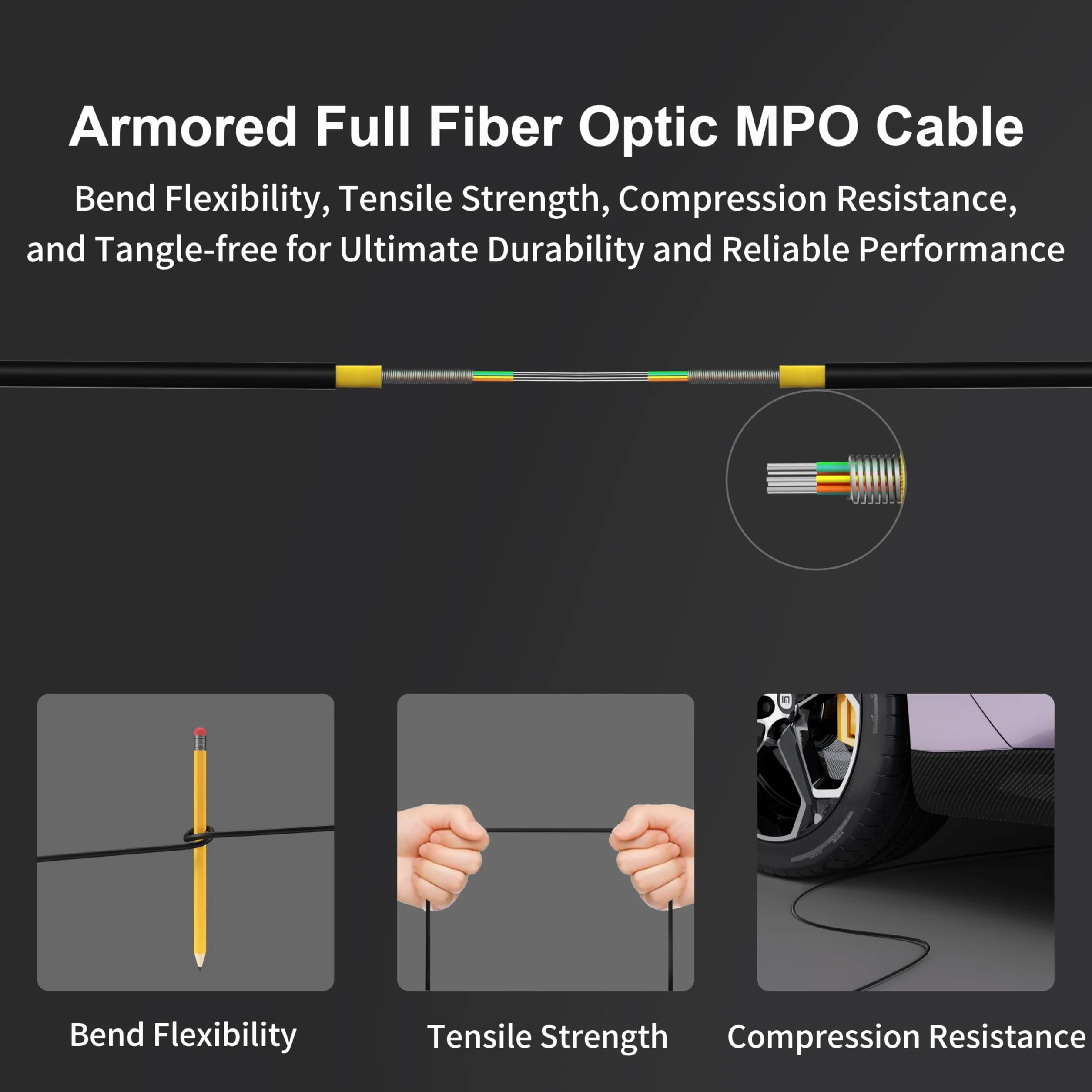 RUIPRO Câble MPO femelle-femelle tout fibre optique, armé, 7 fibres, 30 m | La gaine armée protège la fibre contre la traction, la flexion et la compression lors d'une pose encastrée ou en conduit