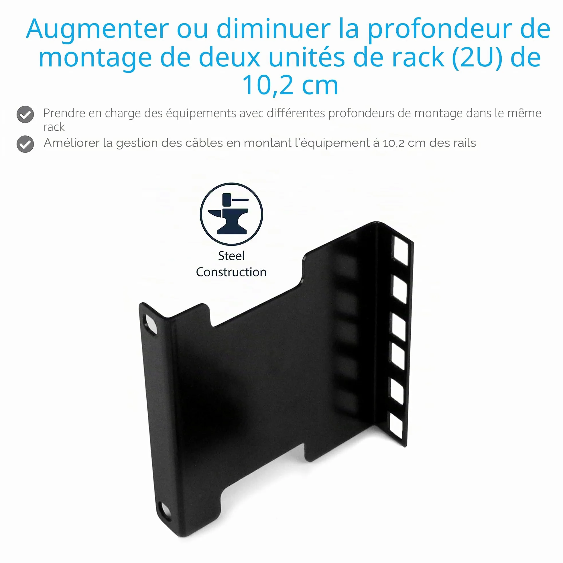 StarTech Kit Extension Profondeur Rack Serveur 2U, 10cm, 59kg (RDA2U) | Montage en rack, Adaptateur encastré, Extension réseau, Écrous et vis, Serveur