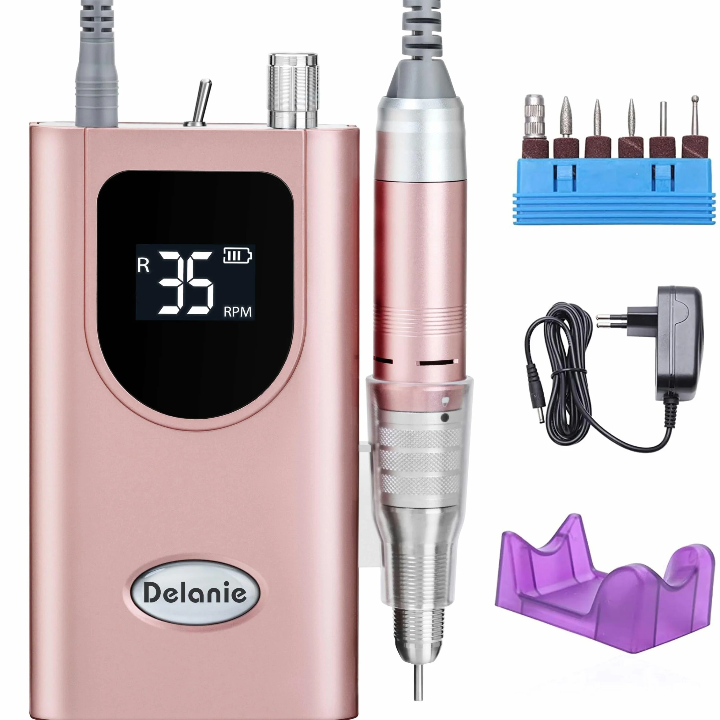 Ponceuse pour Ongles Professionnelle 35000 RPM Rechargeable avec Affichage LCD et 6 Embouts Ponçage
