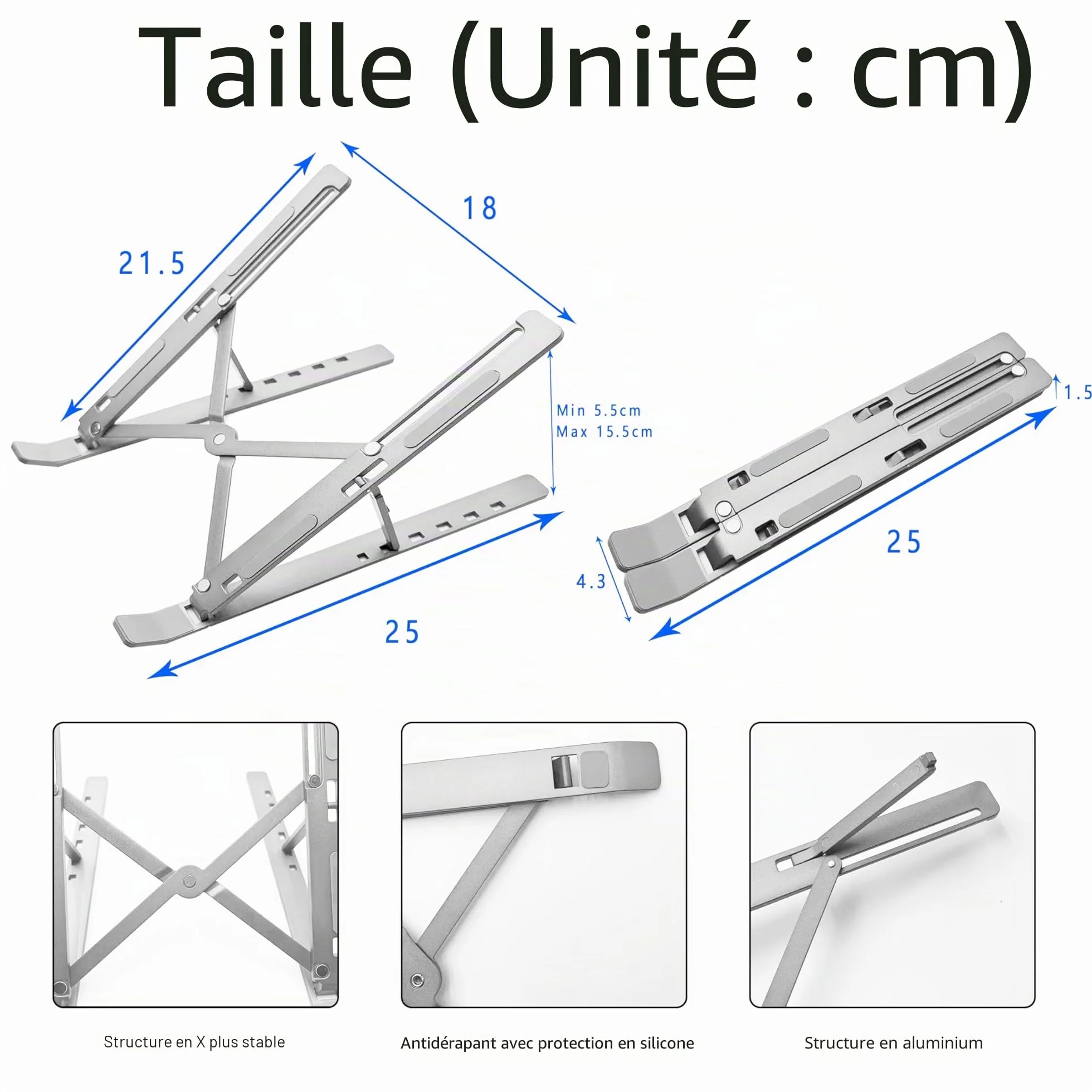 AiTodos® Support Ordinateur Portable Alliage Aluminium Léger Compact Pliable Réglage 6 Vitesses Argent
