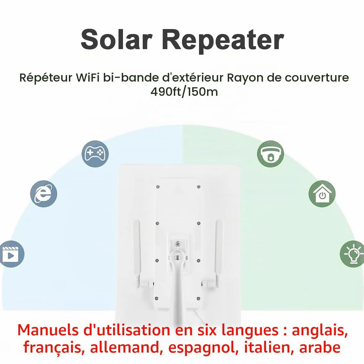Amplificateur/amplificateur de Signal WiFi Double Bande extérieur pour routeur 2,4GHz, répéteur WiFi,300Mbps,Rayon de Couverture jusqu'à 490 pieds/150mètres,Panneau Solaire 15W/5V,20000mAh IP65 ét