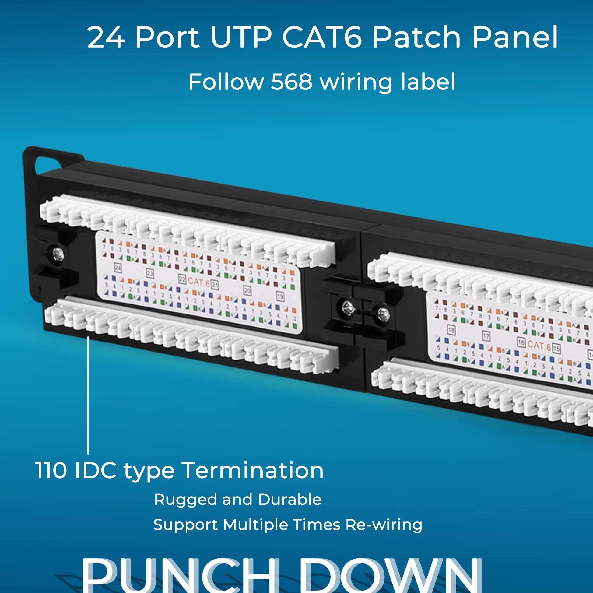 Rapink Panneau de brassage 24 ports Cat6 10G, panneau de brassage réseau UTP 48,3 cm, montage mural ou en rack - Panneau de brassage Ethernet 1U pour câblage Cat6, Cat5e, Cat5