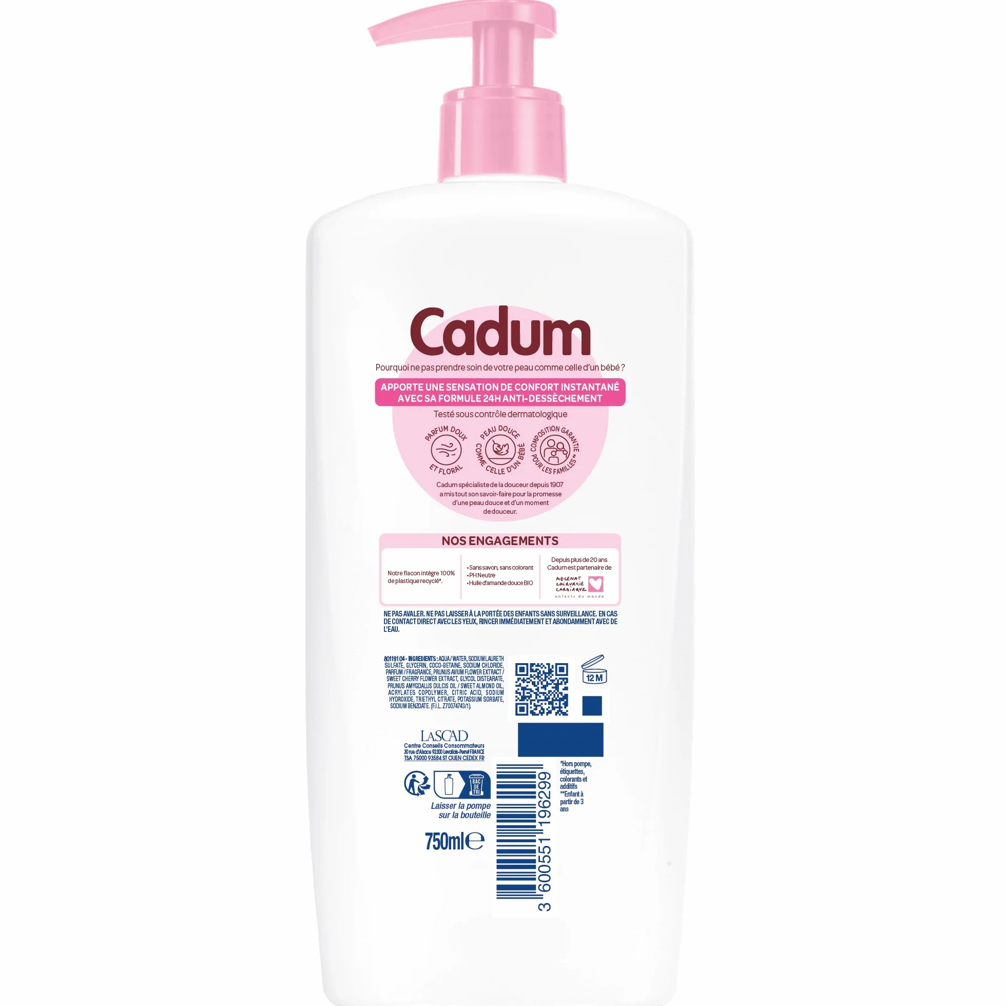 Cadum Crème Lavante Fleur de Cerisier & Huile d'Amande Douce Bio - 24h Anti-Dessèchement - pH Neutre Sans Savon - 100% Recyclé