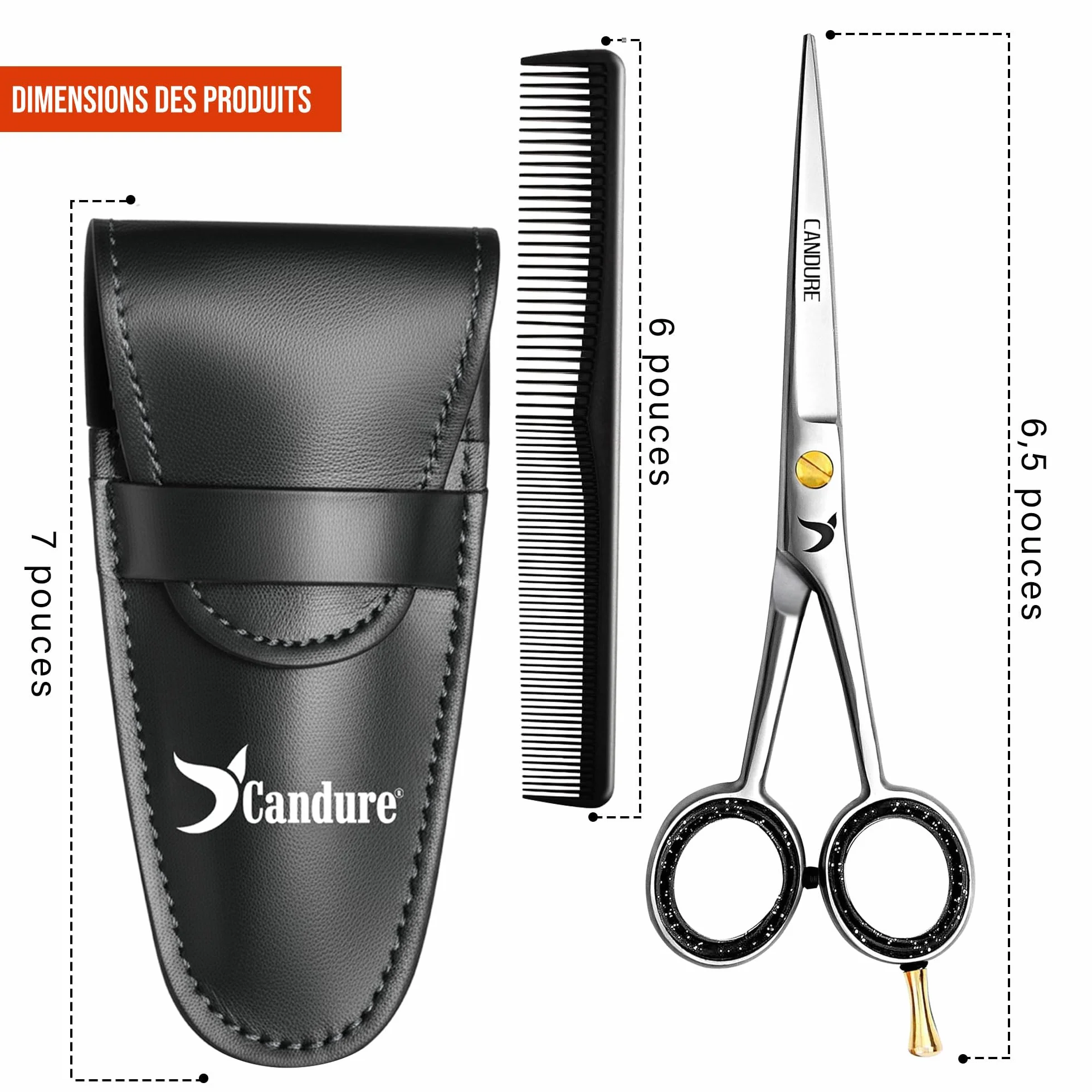 Candure Ciseaux de coiffure professionnels 6,5" acier inoxydable avec peigne et étui