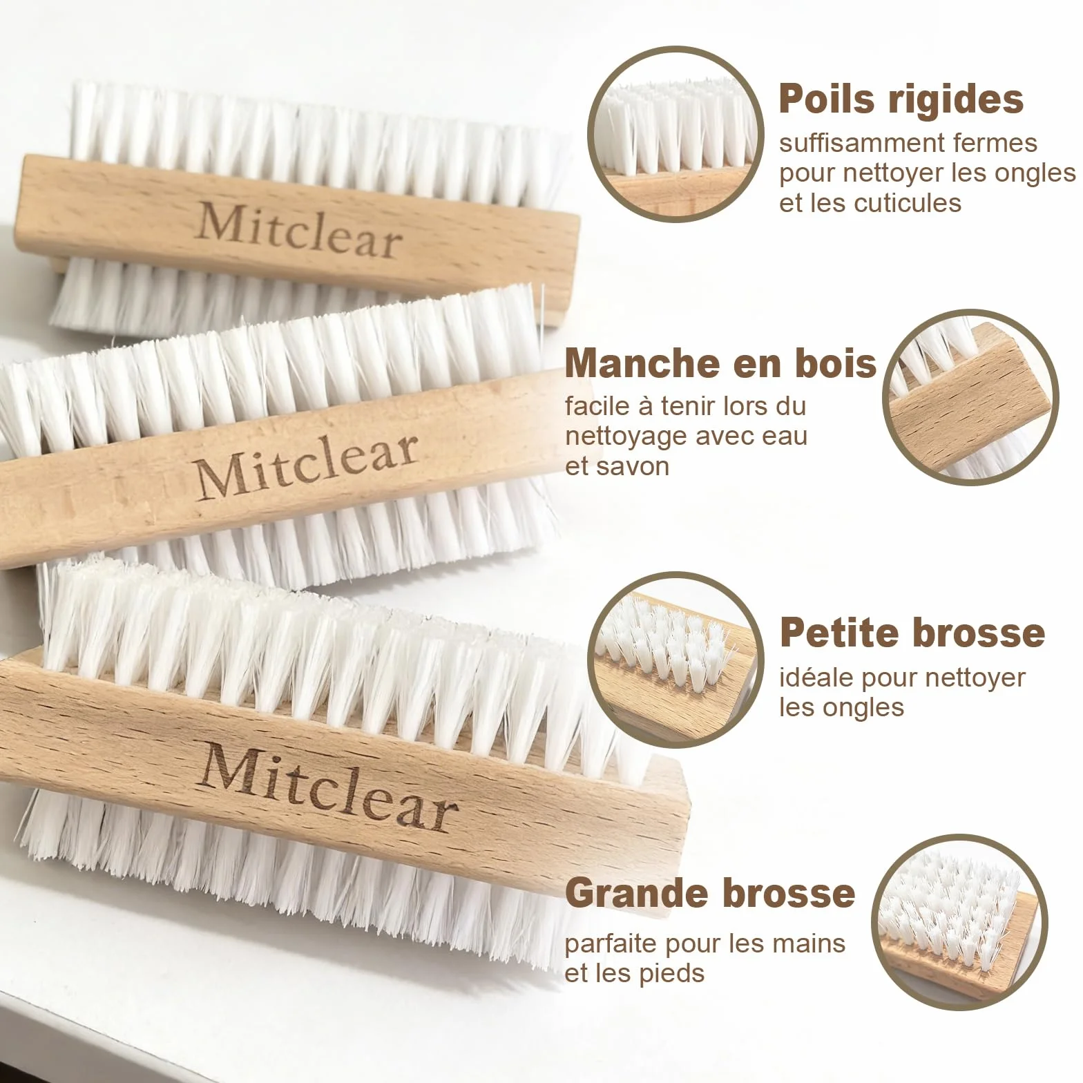 Brosse à Ongles et Main en Bois Lot de 3, Brosses de Nettoyage à Poils Plastiques Rigides Double Face