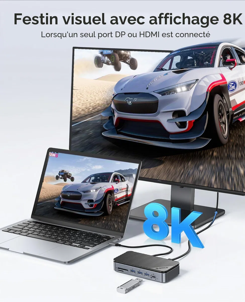 ORICO Hub USB C 12 en 1 avec boîtier M.2 SSD, Station d'accueil USB-C sans Outil avec Ventilateur, Docking Station HDMI,DP,RJ45,100 W PD, SD/TF, Audio/Mic, USB A&C 10 Gbps USB A&C 2 x 5 Gbps USB A