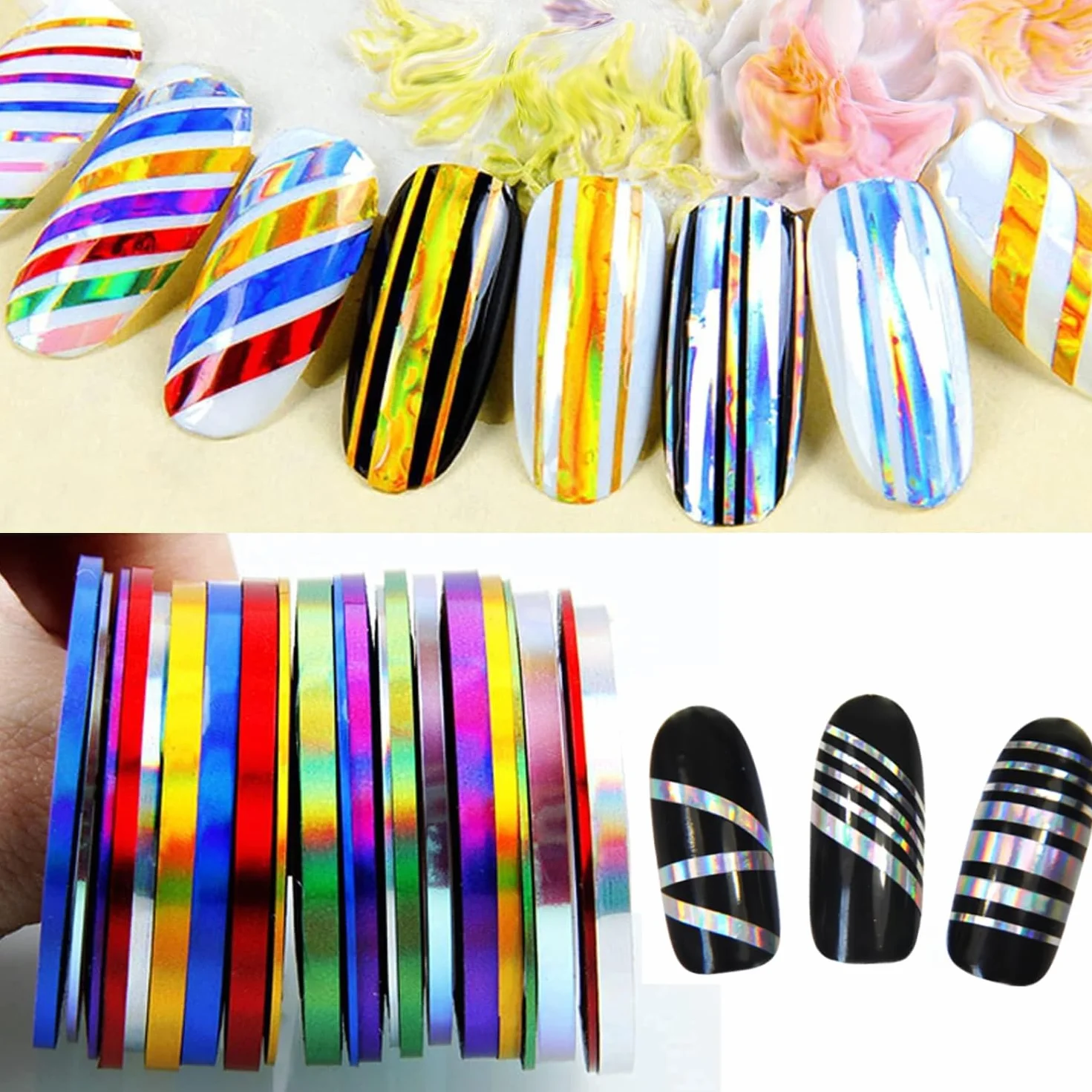 Nail Art Striping Tape Lines Kit 36 pcs 1mm 2mm 3mm Silver Holographic Chrome Nail Tape Strips for Design DIY