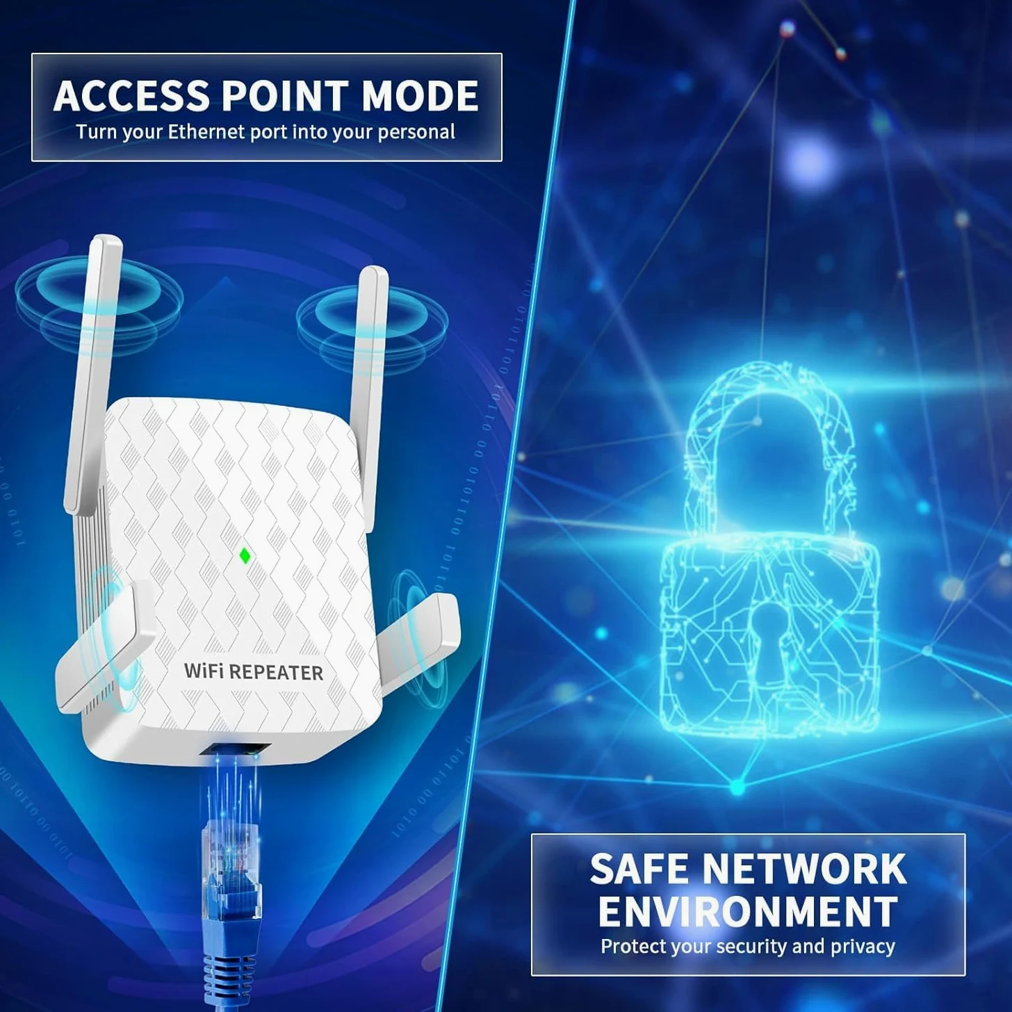 Amplificateur WiFi ultraxtended 1200 Mbps, répéteur WiFi double bande 5 GHz et 2,4 GHz – avec port Ethernet, 4 antennes, configuration rapide, amplificateur de signal sans fil domestique