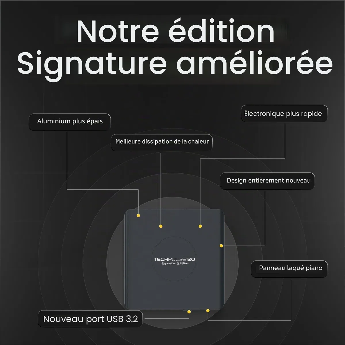 techPulse120 Externe USB 3.1 USB-C UHD 4k 3D M-DISC Blu-ray DVD CD HDR10 128GB Lecteur Graveur Burner Signature Paquet Sac 90cm Câble de Connexion Aluminium (Noir)