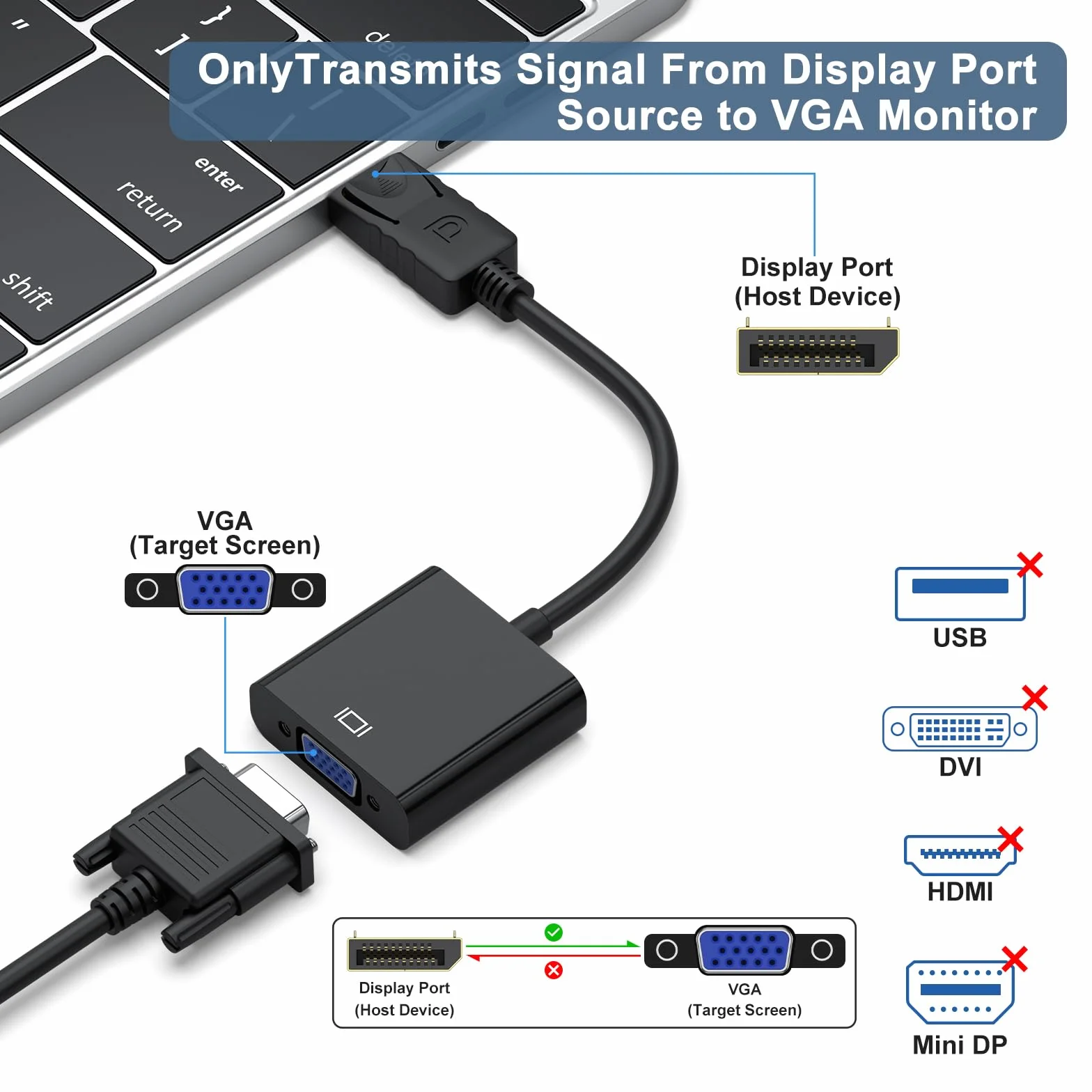 Adaptateur DisplayPort vers VGA 1080P Mâle vers Femelle Compatible Lenovo Dell HP ASUS Noir