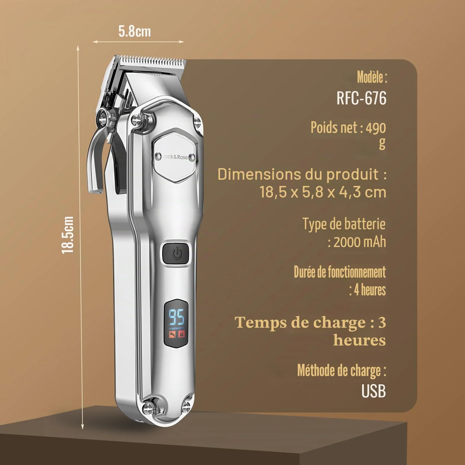 Jack & Rose Tondeuse Cheveux Hommes Sans Fil IPX7 Étanche Recharge USB