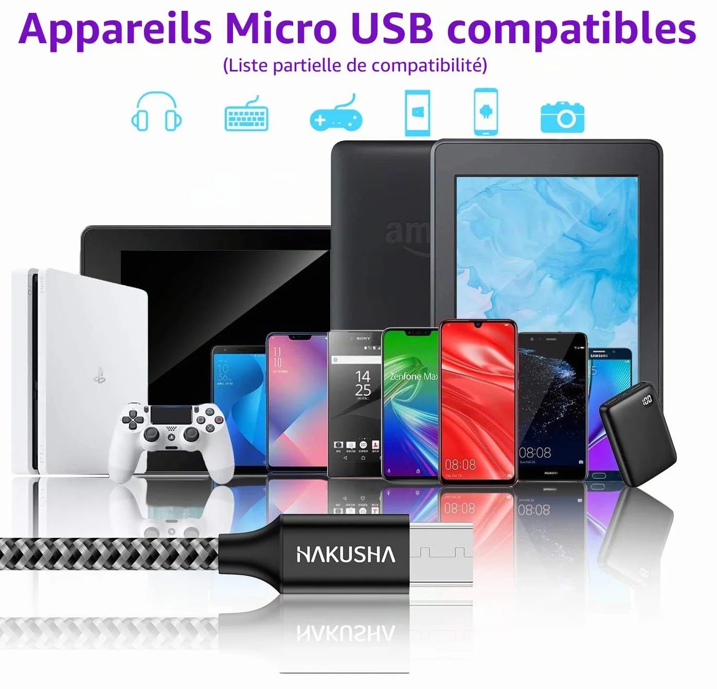 HAKUSHA Câble Micro USB 2M 3A Charge Rapide Android Nylon pour Samsung Huawei Sony