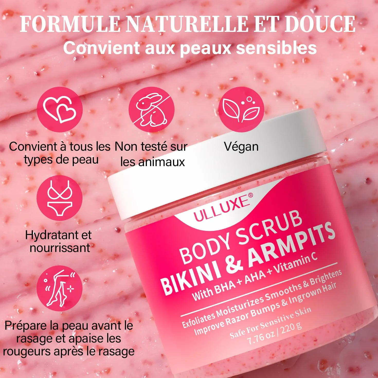 Gommage exfoliant maillot 10% AHA + BHA vitamine C 200g élimine poils incarnés taches brunes