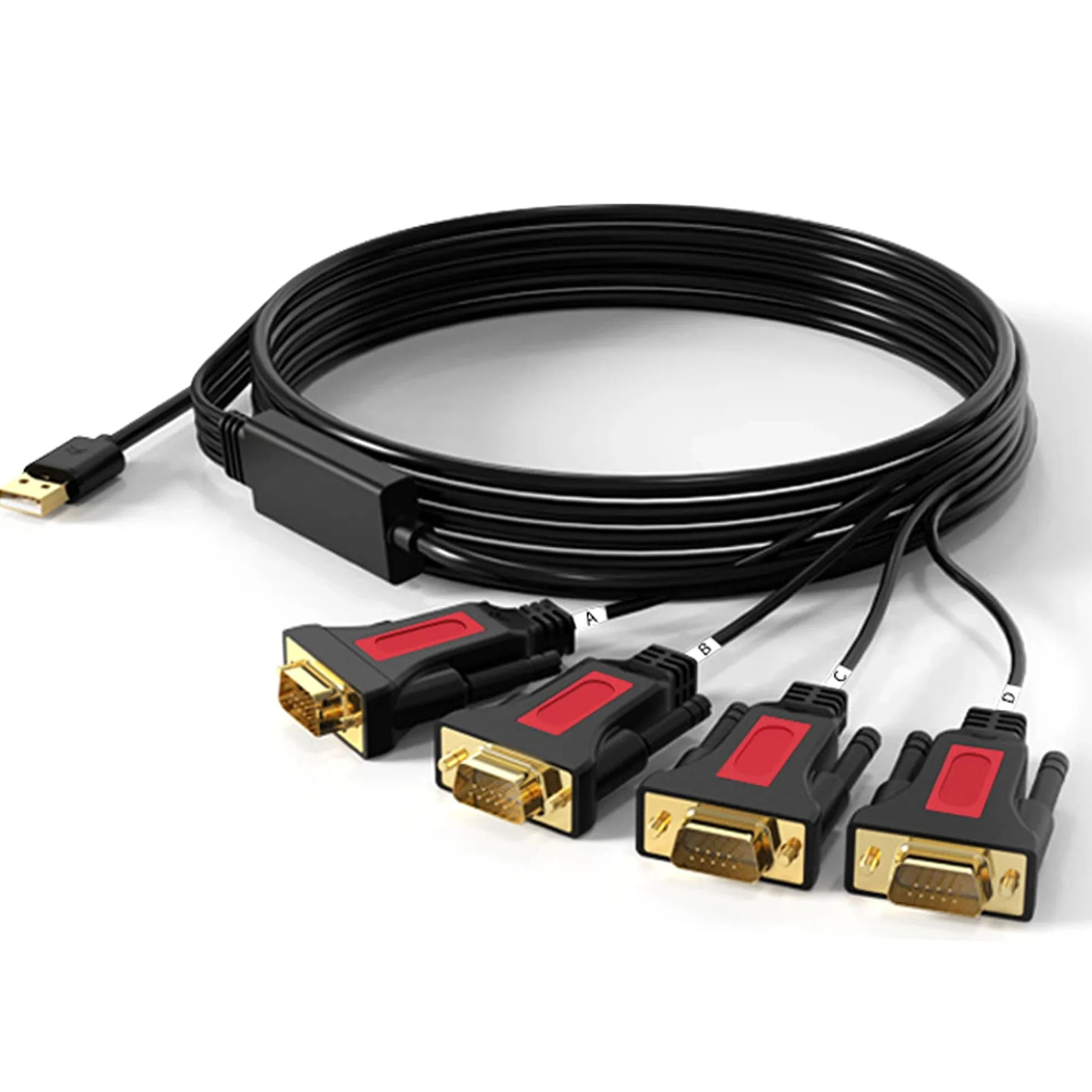 Câble adaptateur 4 ports USB vers RS232 DB9 série (9 broches) 1,5 m compatible avec Mac OS, Windows, Android, Linux (4 ports)