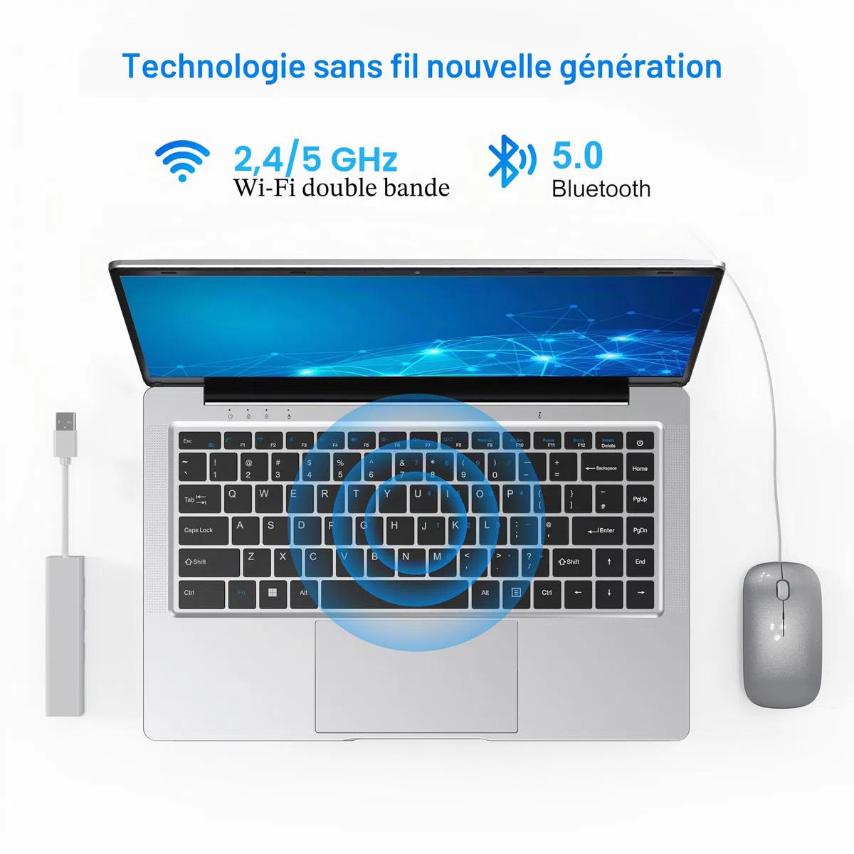 Ordinateur Portable 14,1" HD, 6 Go RAM, SSD 128 Go, Processeur Double Cœur, Wi‑Fi 2,4G/5G & Bluetooth, Design Silencieux Sans Ventilateur, PC Portable Léger avec Souris Offerte & Clavier Confortable