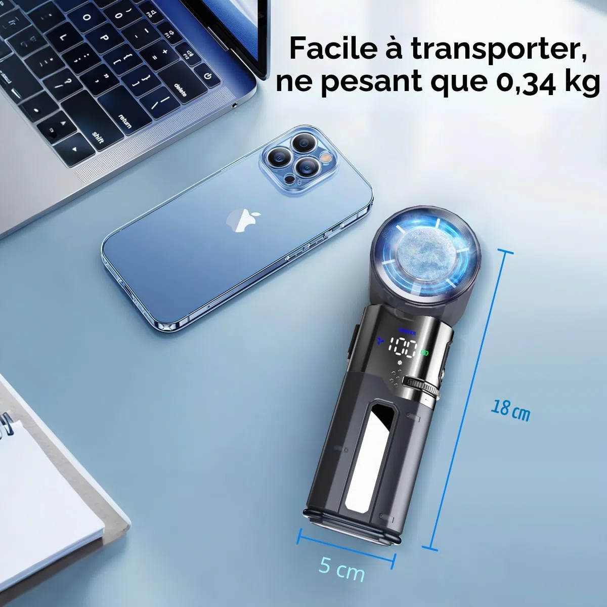 yAyusi Ventilateur Turbine Portable à Main, 9000 mAh Multifonction Ventilateur Refroidissement Rapide et Fonction Charge, 100 Vitesses, Câble Type-C Intégré et Écran LED, Idéal pour Voyage et Bureau