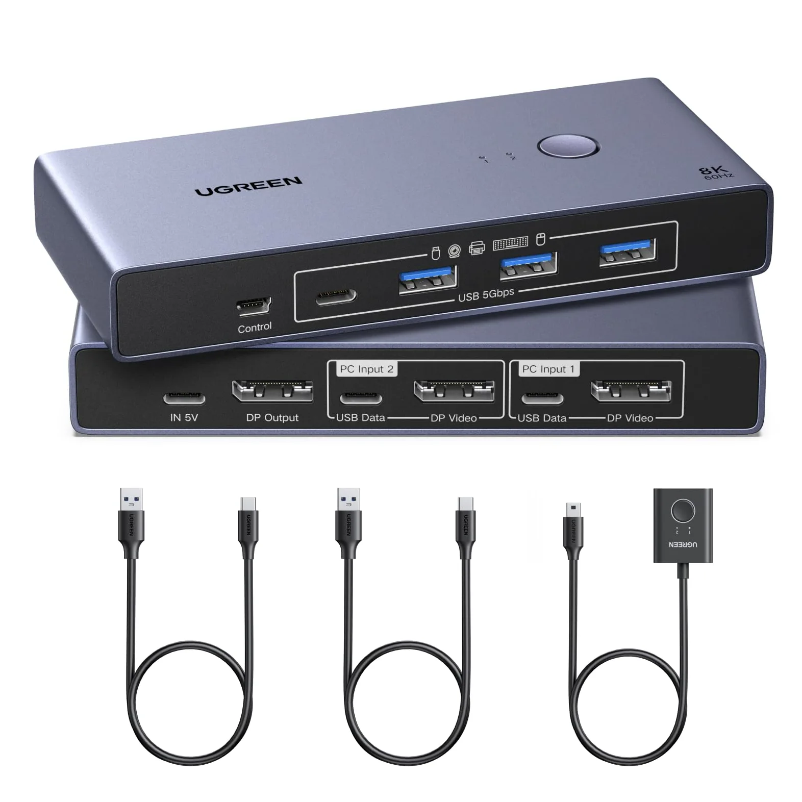 UGREEN Switch KVM Displayport 8K 60Hz 2 Entrées 1 Sortie | Commutateur DP 1.4 4K 240Hz 4 Ports USB 3A1C 5Gbps pour Clavier Souris Disque Dur Imprimante avec Contrôleur de Bureau